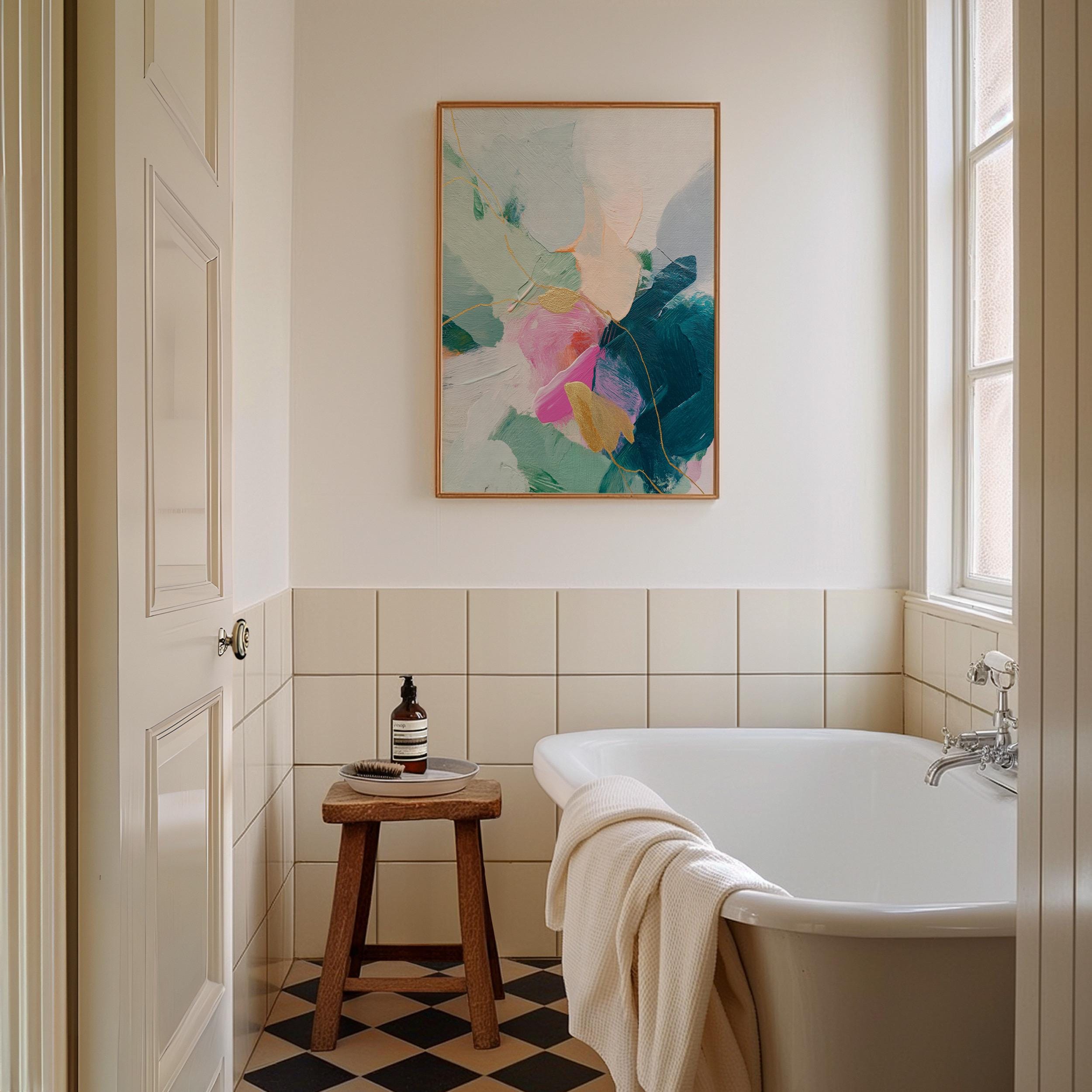 Vertical abstract canvas wall art featuring teal, blush pink, and gold accents with layered brush texture. Designed for transitional and modern interiors, this piece enhances bedrooms, hallways, or living rooms. Available framed or as a gallery-wrapped canvas for curated, designer-forward decor.