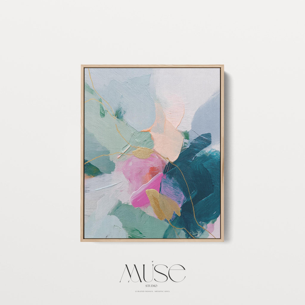 Vertical abstract canvas wall art featuring teal, blush pink, and gold accents with layered brush texture. Designed for transitional and modern interiors, this piece enhances bedrooms, hallways, or living rooms. Available framed or as a gallery-wrapped canvas for curated, designer-forward decor.