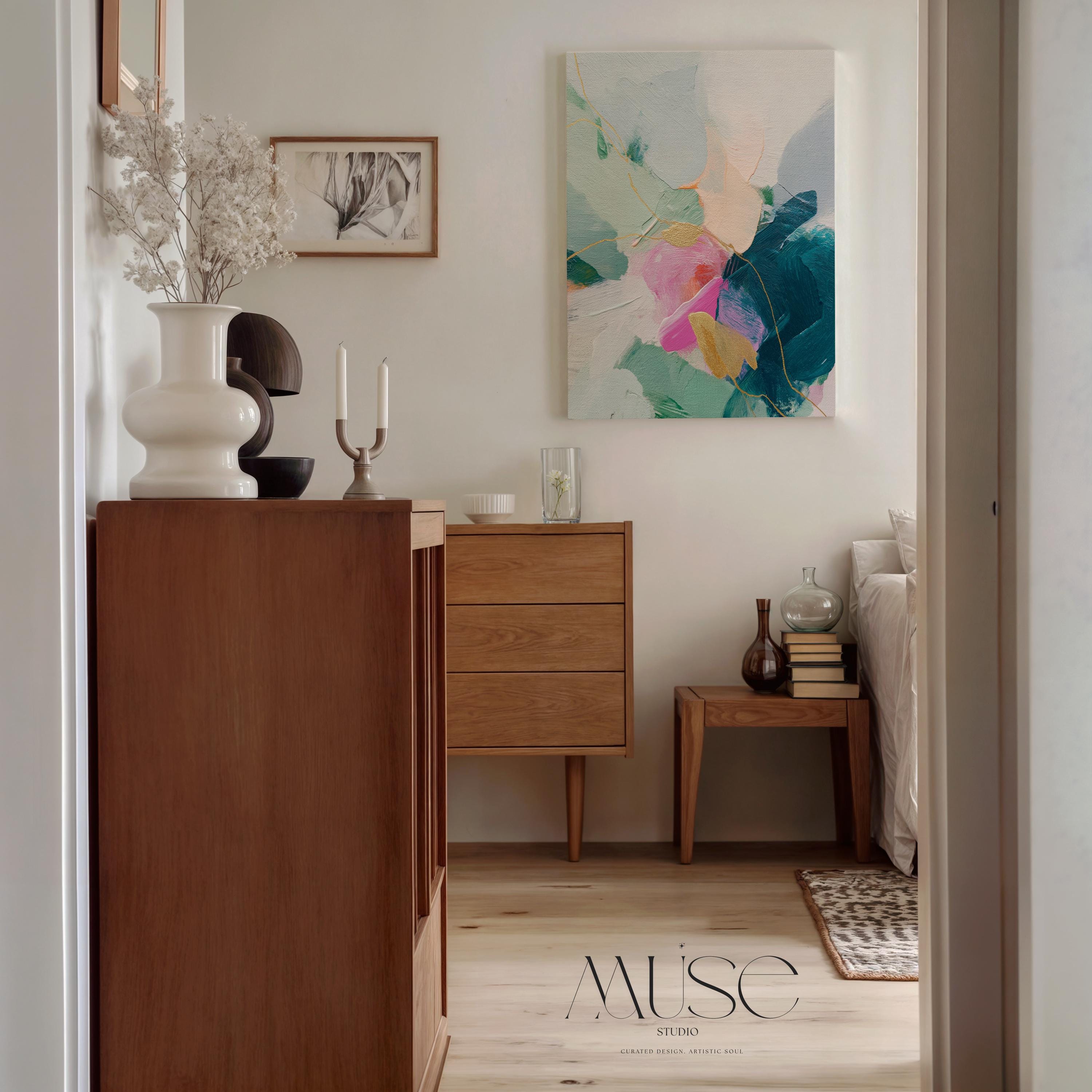Vertical abstract canvas wall art featuring teal, blush pink, and gold accents with layered brush texture. Designed for transitional and modern interiors, this piece enhances bedrooms, hallways, or living rooms. Available framed or as a gallery-wrapped canvas for curated, designer-forward decor.