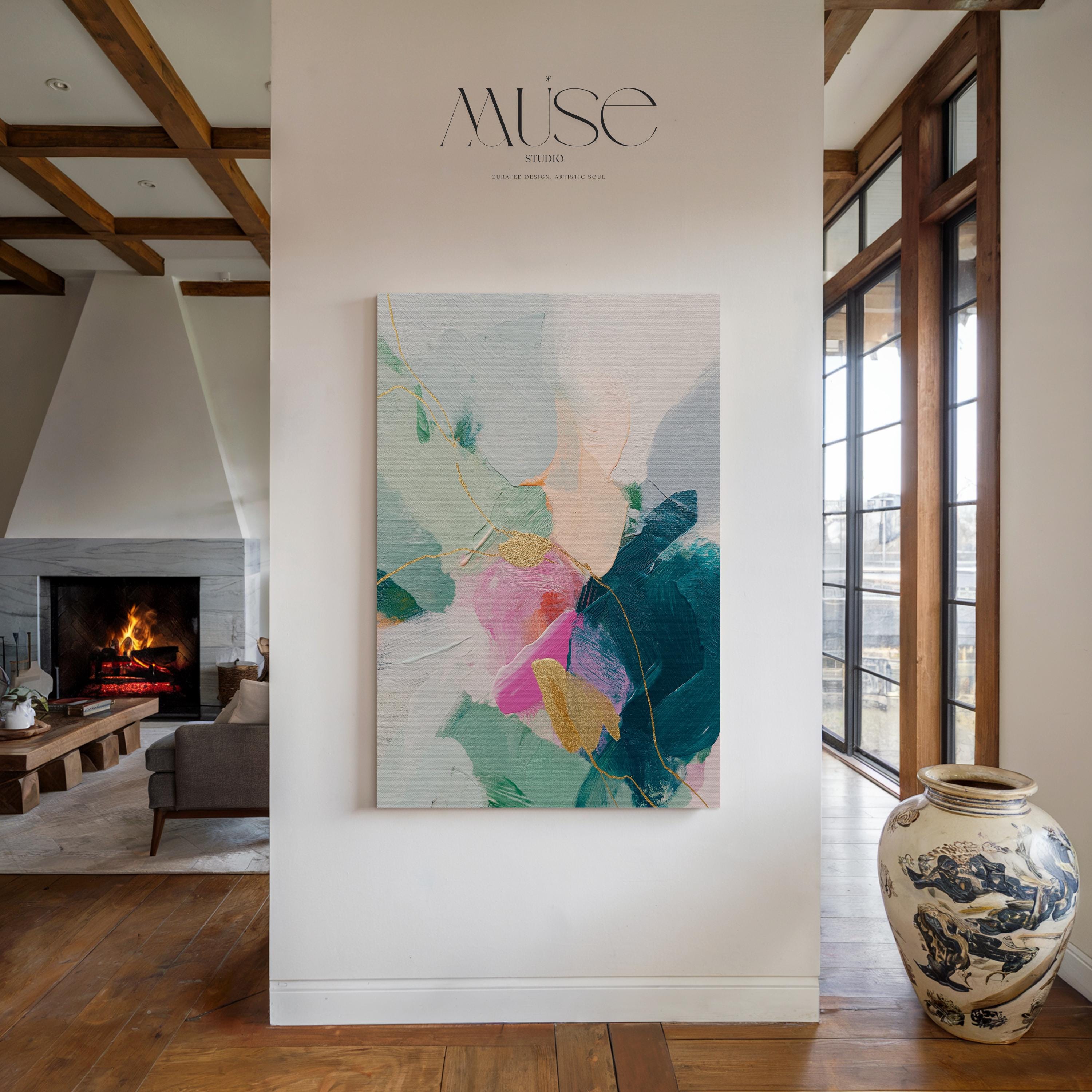 Vertical abstract canvas wall art featuring teal, blush pink, and gold accents with layered brush texture. Designed for transitional and modern interiors, this piece enhances bedrooms, hallways, or living rooms. Available framed or as a gallery-wrapped canvas for curated, designer-forward decor.