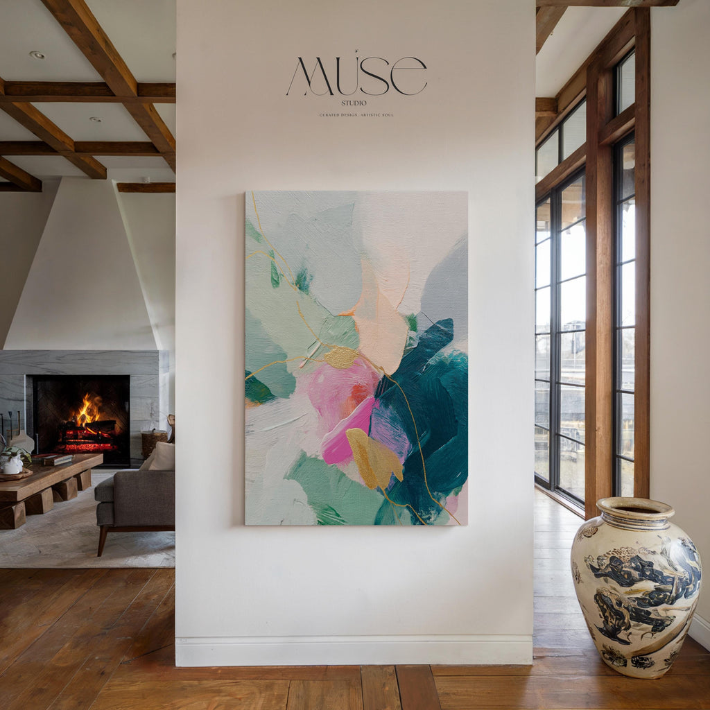 Vertical abstract canvas wall art featuring teal, blush pink, and gold accents with layered brush texture. Designed for transitional and modern interiors, this piece enhances bedrooms, hallways, or living rooms. Available framed or as a gallery-wrapped canvas for curated, designer-forward decor.