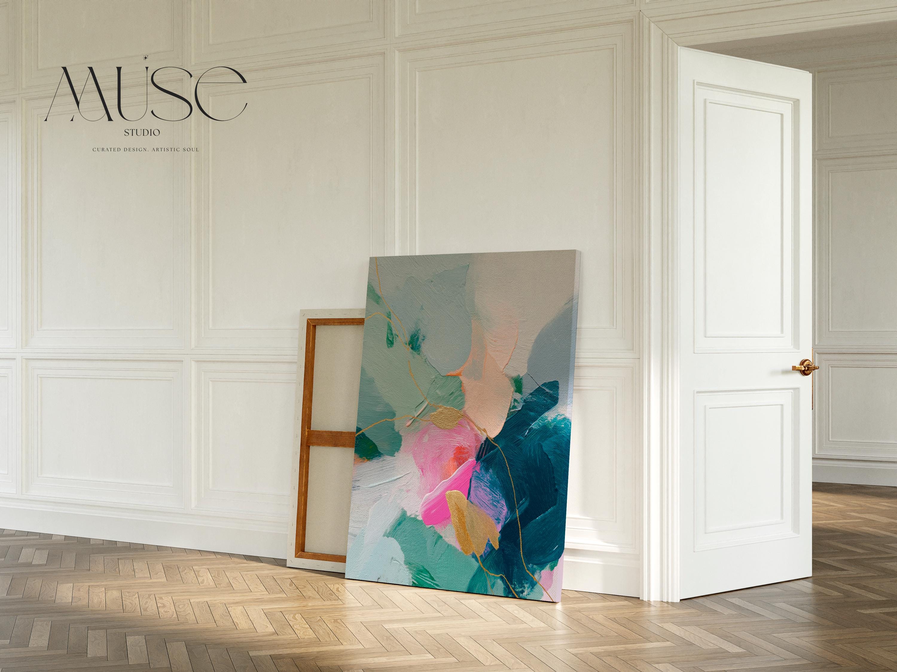 Vertical abstract canvas wall art featuring teal, blush pink, and gold accents with layered brush texture. Designed for transitional and modern interiors, this piece enhances bedrooms, hallways, or living rooms. Available framed or as a gallery-wrapped canvas for curated, designer-forward decor.