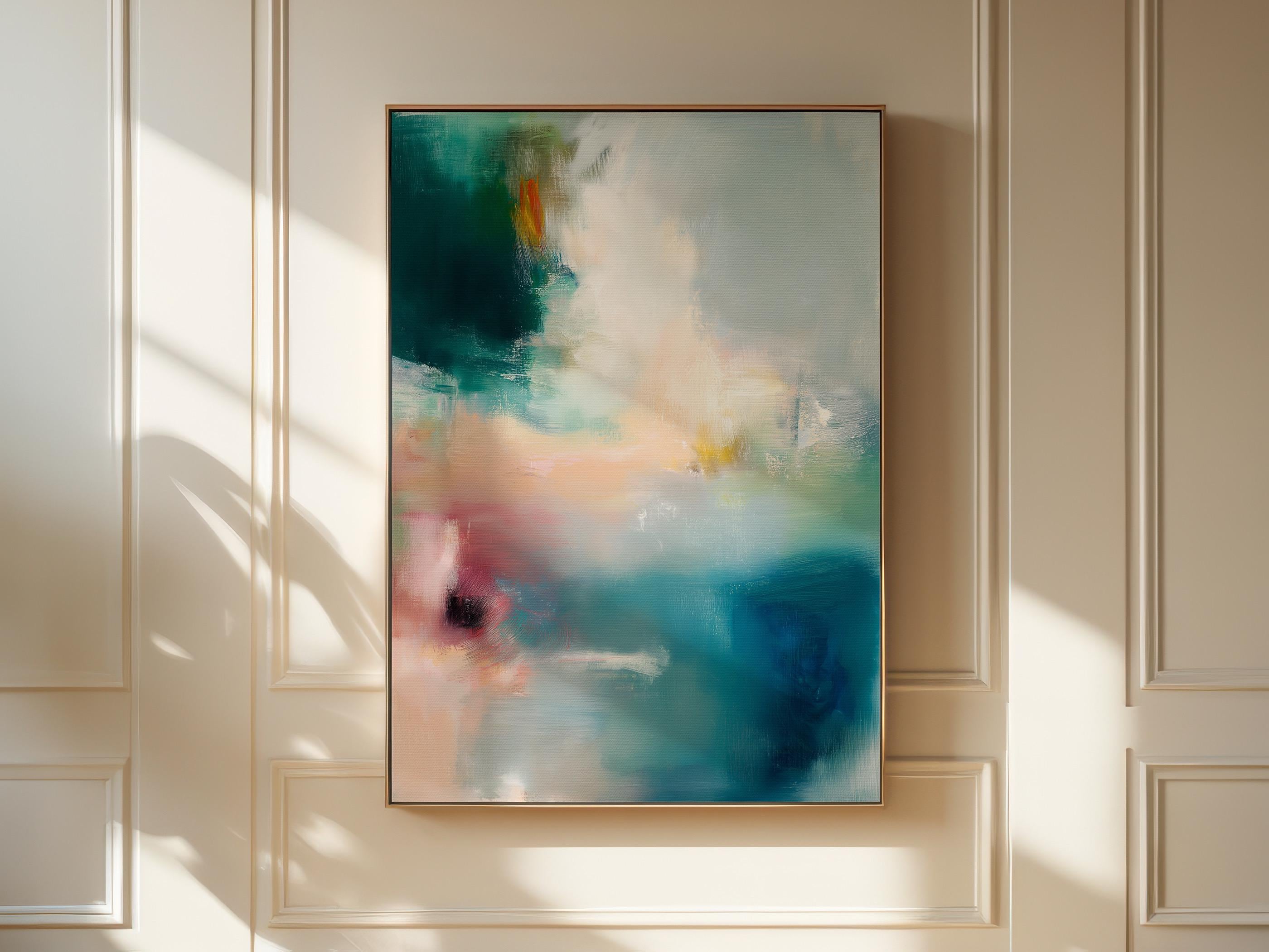 Vertical abstract canvas wall art featuring teal, blush, and gold tones with layered brushwork. The soft contemporary palette enhances modern and transitional interiors, ideal for bedrooms or living spaces. Available as a framed or gallery-wrapped canvas for designer-inspired decor.