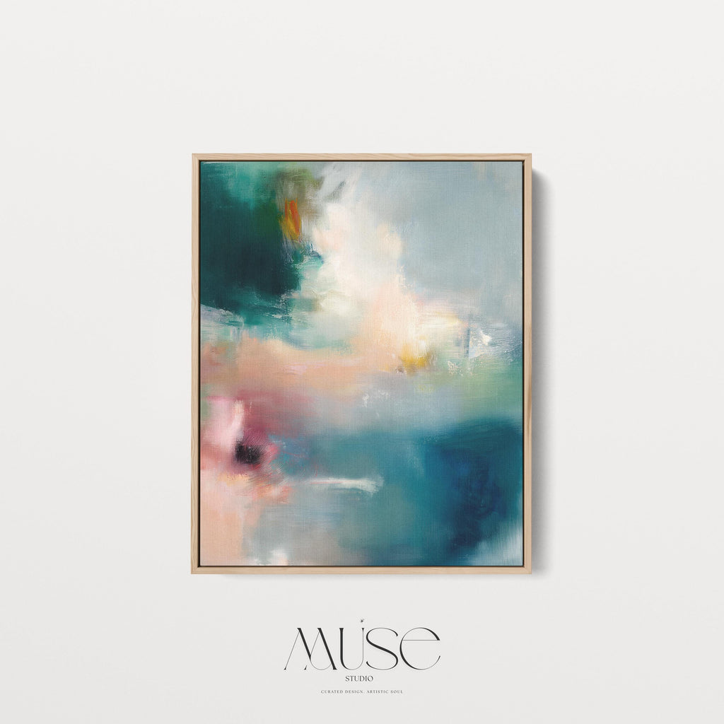 Vertical abstract canvas wall art featuring teal, blush, and gold tones with layered brushwork. The soft contemporary palette enhances modern and transitional interiors, ideal for bedrooms or living spaces. Available as a framed or gallery-wrapped canvas for designer-inspired decor.