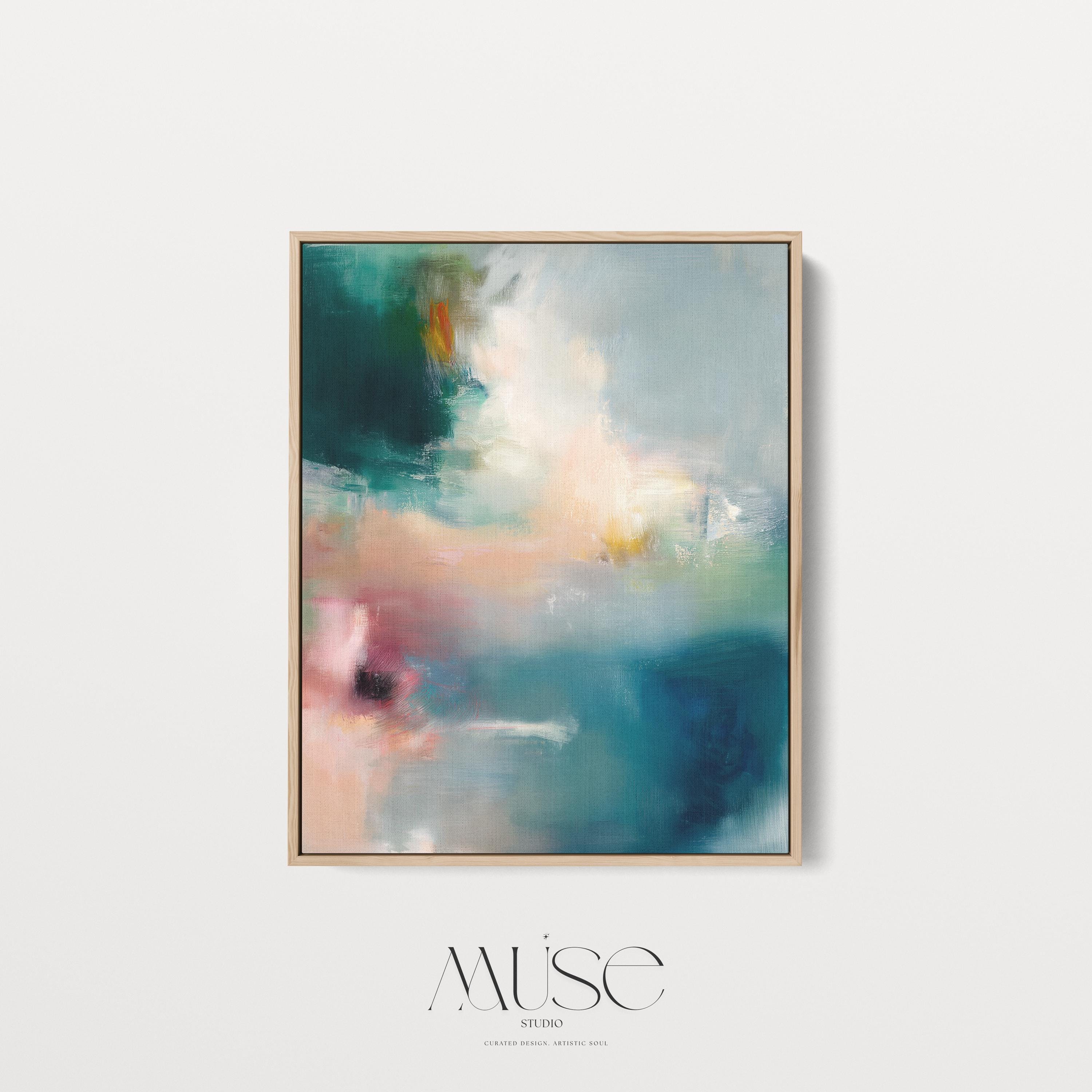 Vertical abstract canvas wall art featuring teal, blush, and gold tones with layered brushwork. The soft contemporary palette enhances modern and transitional interiors, ideal for bedrooms or living spaces. Available as a framed or gallery-wrapped canvas for designer-inspired decor.
