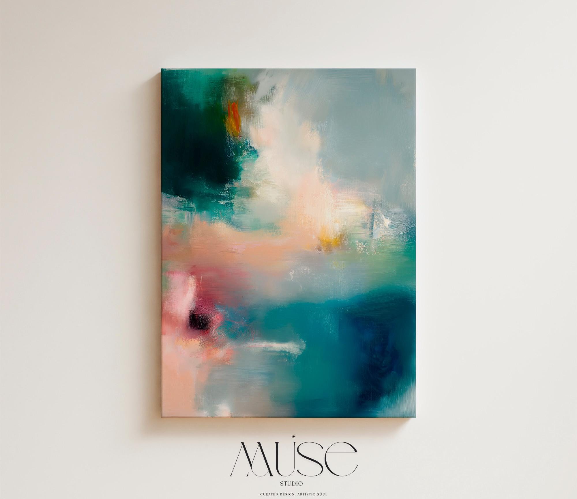 Large vertical abstract canvas wall art featuring teal, blush pink, and gold tones in layered brushstrokes. The soft coastal palette and luminous texture complement transitional, modern, and soft contemporary interiors. Available as a gallery-wrapped canvas in multiple sizes for curated, designer-forward decor.