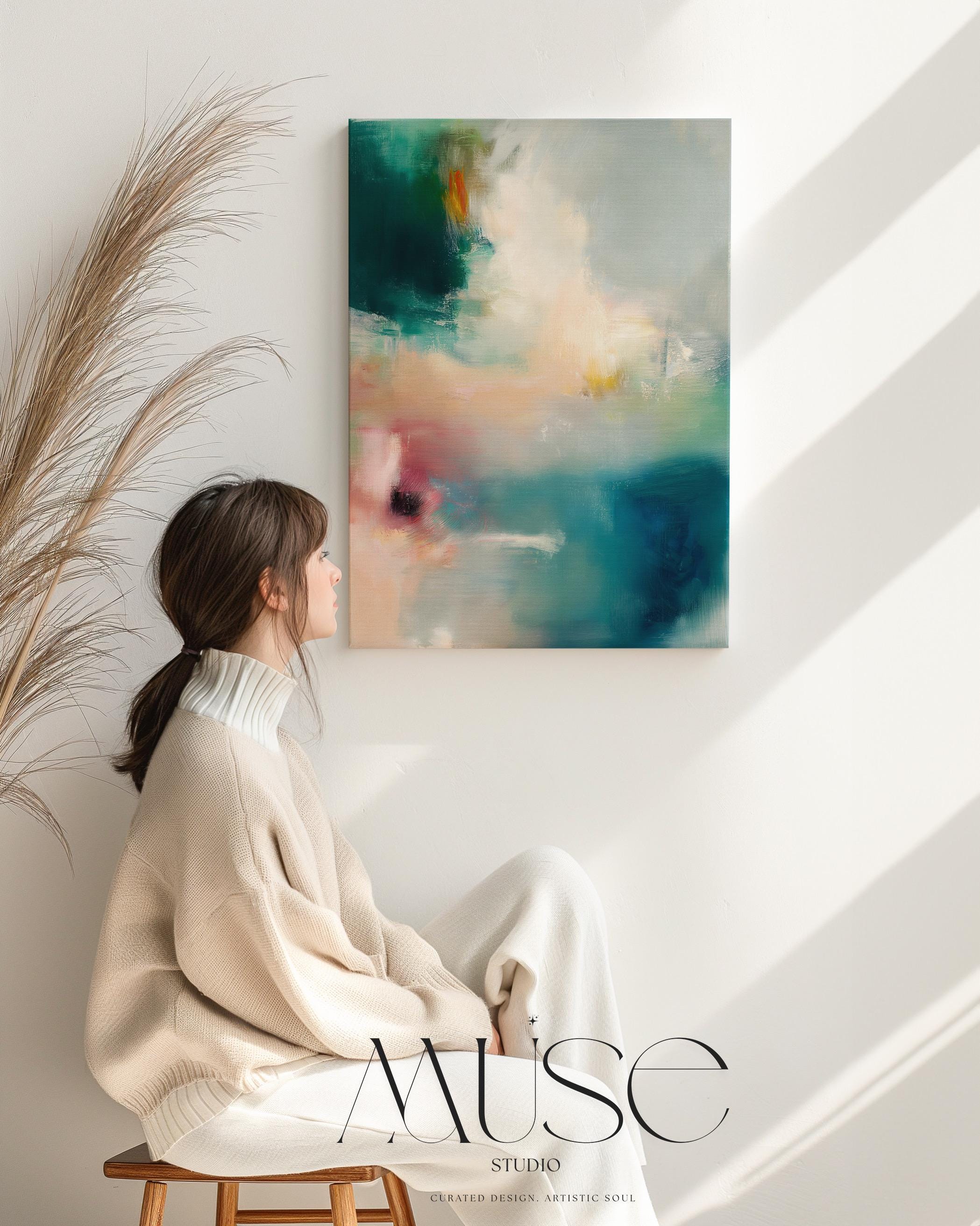 Large vertical abstract canvas wall art featuring teal, blush pink, and gold tones in layered brushstrokes. The soft coastal palette and luminous texture complement transitional, modern, and soft contemporary interiors. Available as a gallery-wrapped canvas in multiple sizes for curated, designer-forward decor.