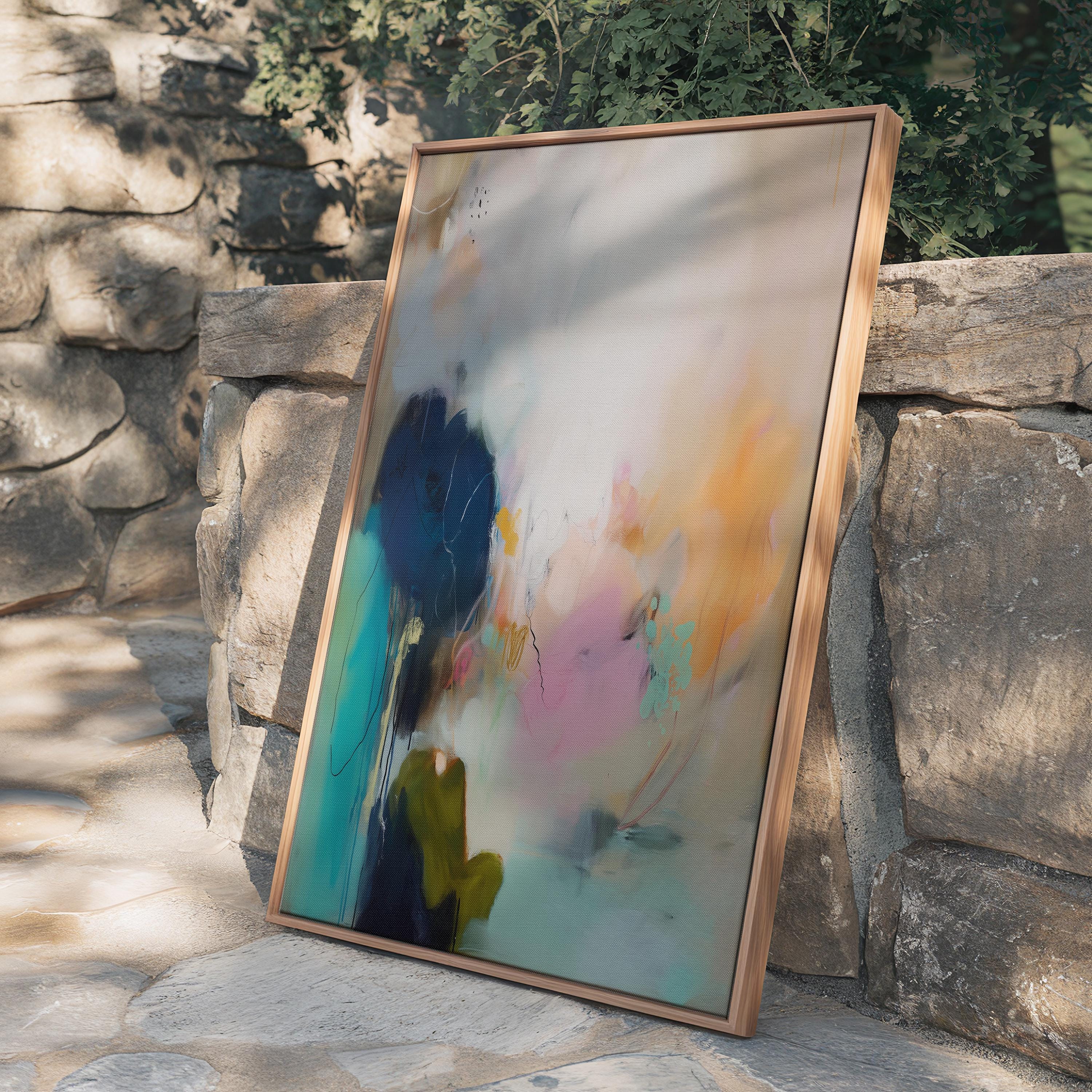 ertical abstract canvas wall art featuring teal, blush, and peach brushstrokes with soft white layers. The composition exudes modern warmth and calm movement, perfect for living rooms, bedrooms, or transitional interiors. Available as a large gallery-wrapped canvas in premium cotton for a refined, designer-quality finish.
