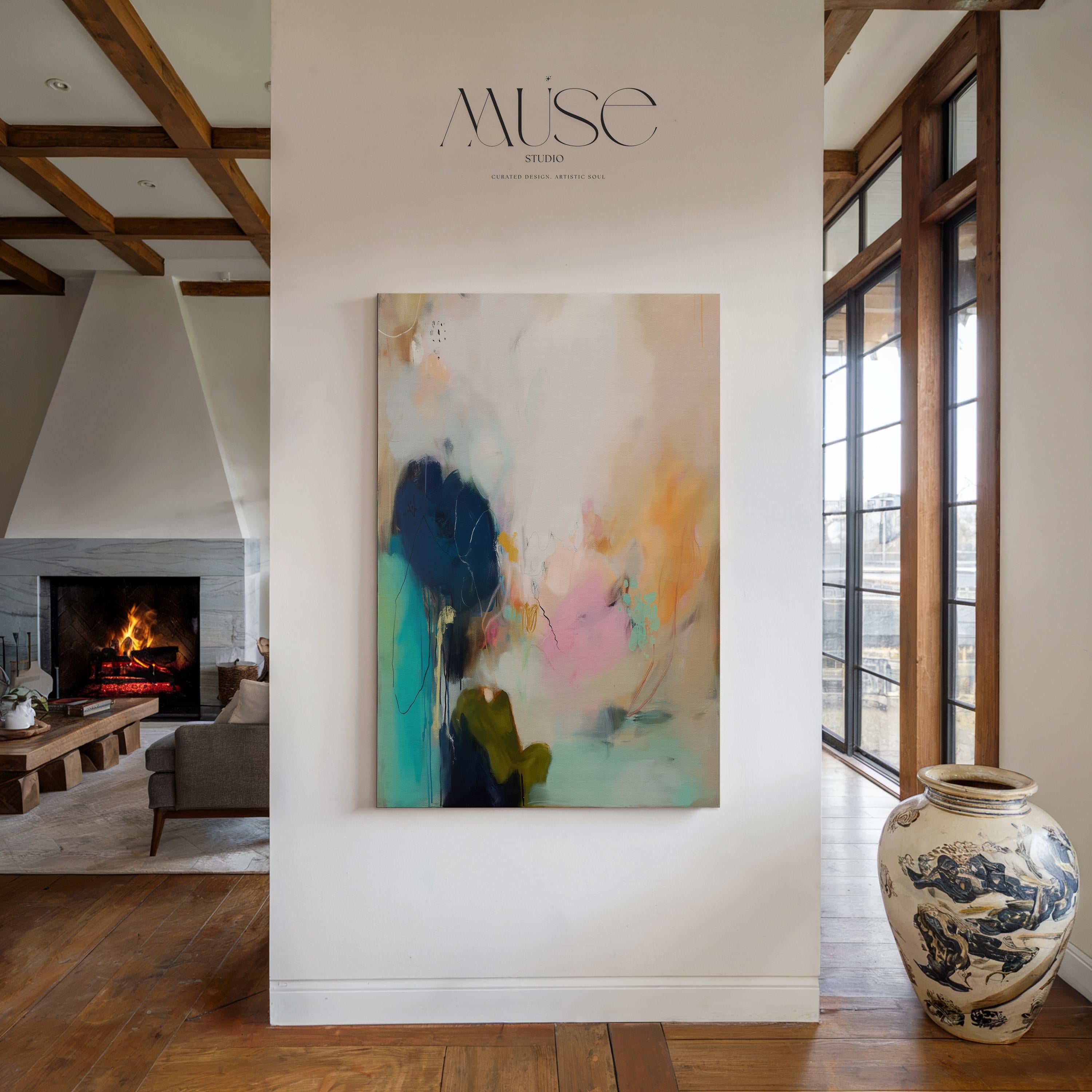 Vertical abstract canvas wall art featuring teal, blush, and peach brushstrokes with soft white layers. The composition exudes modern warmth and calm movement, perfect for living rooms, bedrooms, or transitional interiors. Available as a large gallery-wrapped canvas in premium cotton for a refined, designer-quality finish.
