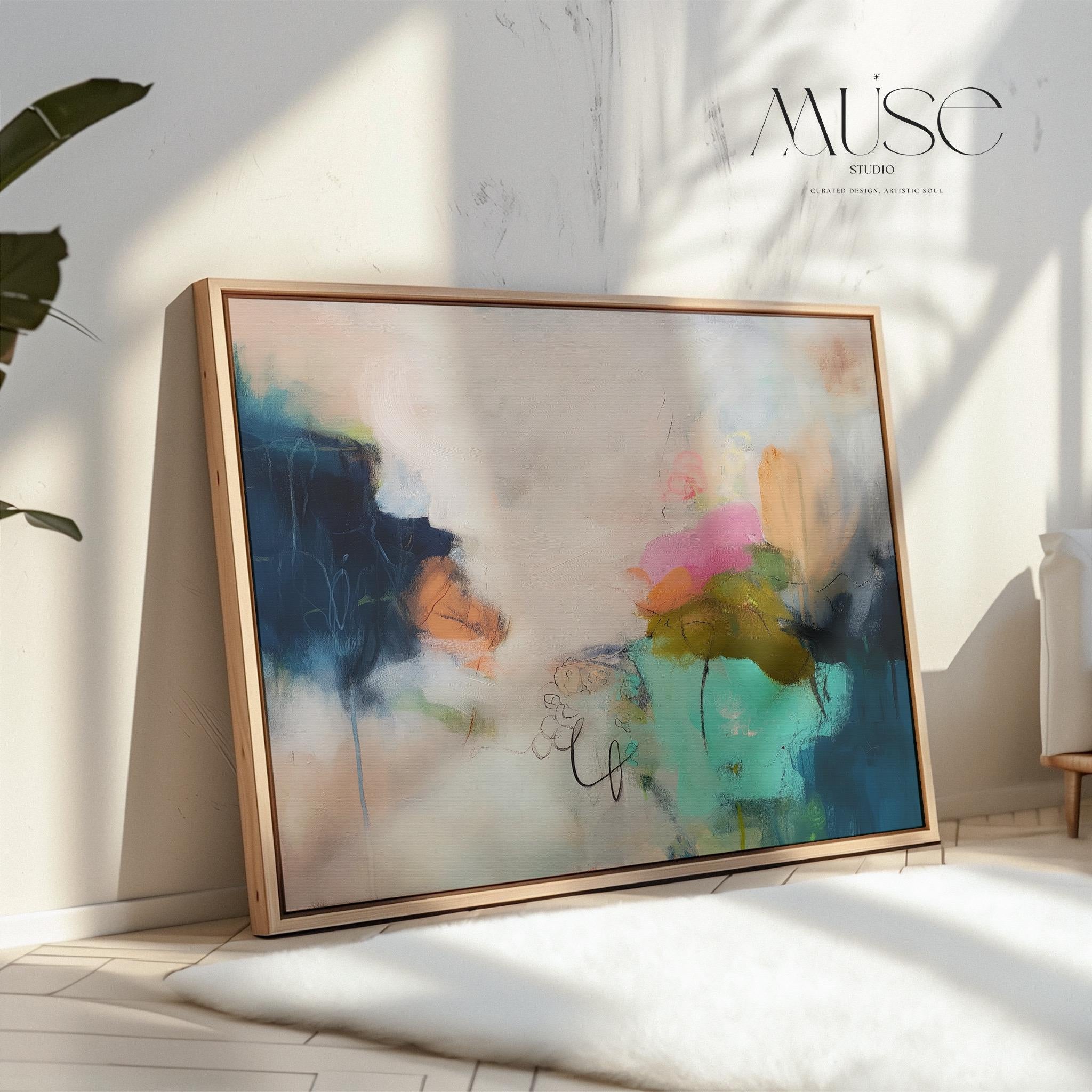 Horizontal abstract canvas wall art featuring rich navy, blush, and moss green brushstrokes with layered painterly movement. Designed for modern living rooms or office spaces, this large gallery-wrapped canvas brings depth, warmth, and designer sophistication to curated interiors.