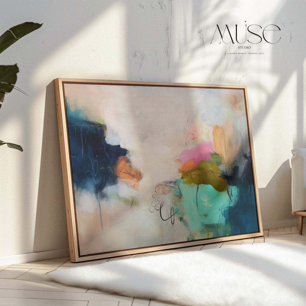 Horizontal abstract canvas wall art featuring rich navy, blush, and moss green brushstrokes with layered painterly movement. Designed for modern living rooms or office spaces, this large gallery-wrapped canvas brings depth, warmth, and designer sophistication to curated interiors.