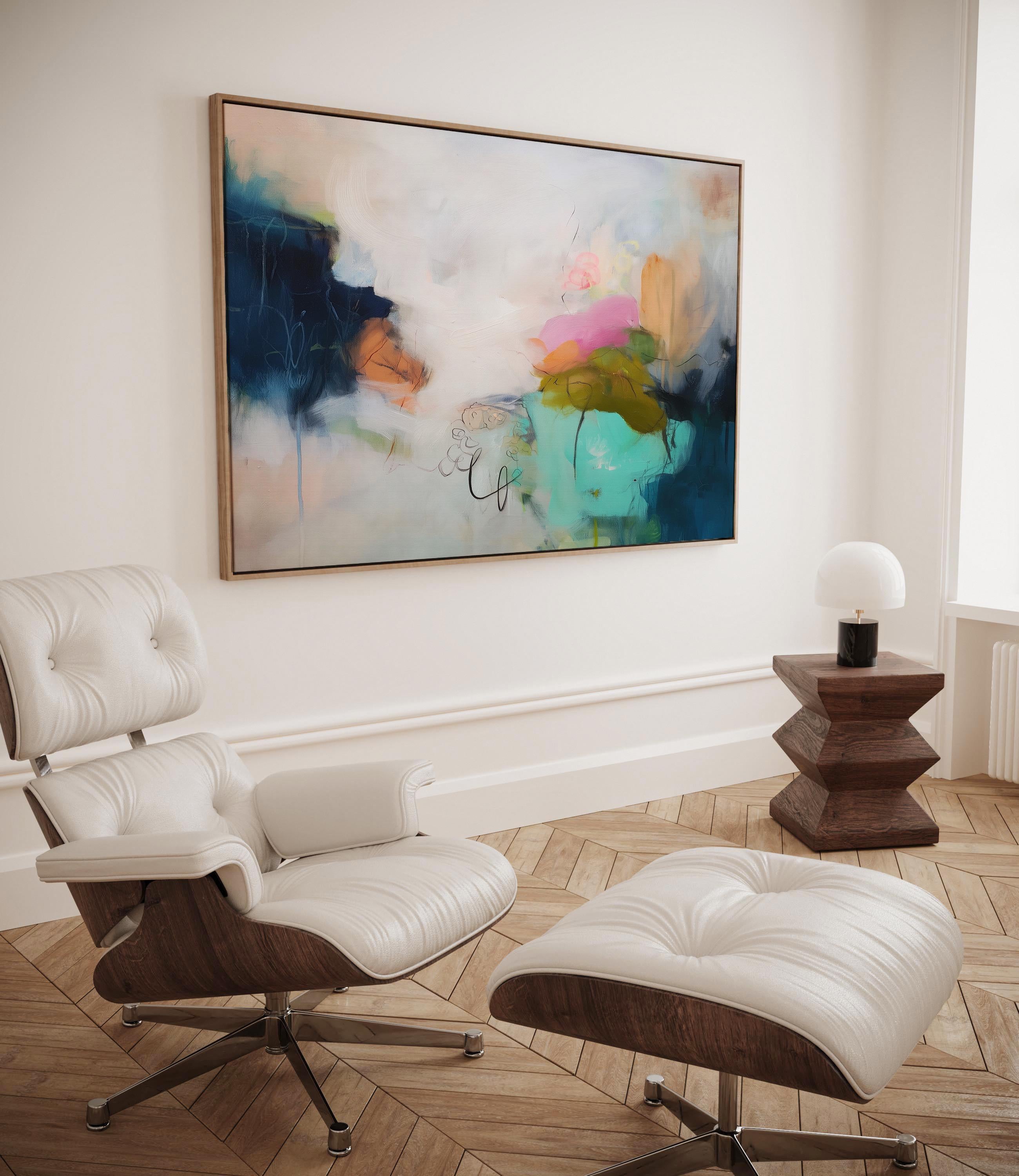 Horizontal abstract canvas wall art featuring rich navy, blush, and moss green brushstrokes with layered painterly movement. Designed for modern living rooms or office spaces, this large gallery-wrapped canvas brings depth, warmth, and designer sophistication to curated interiors.