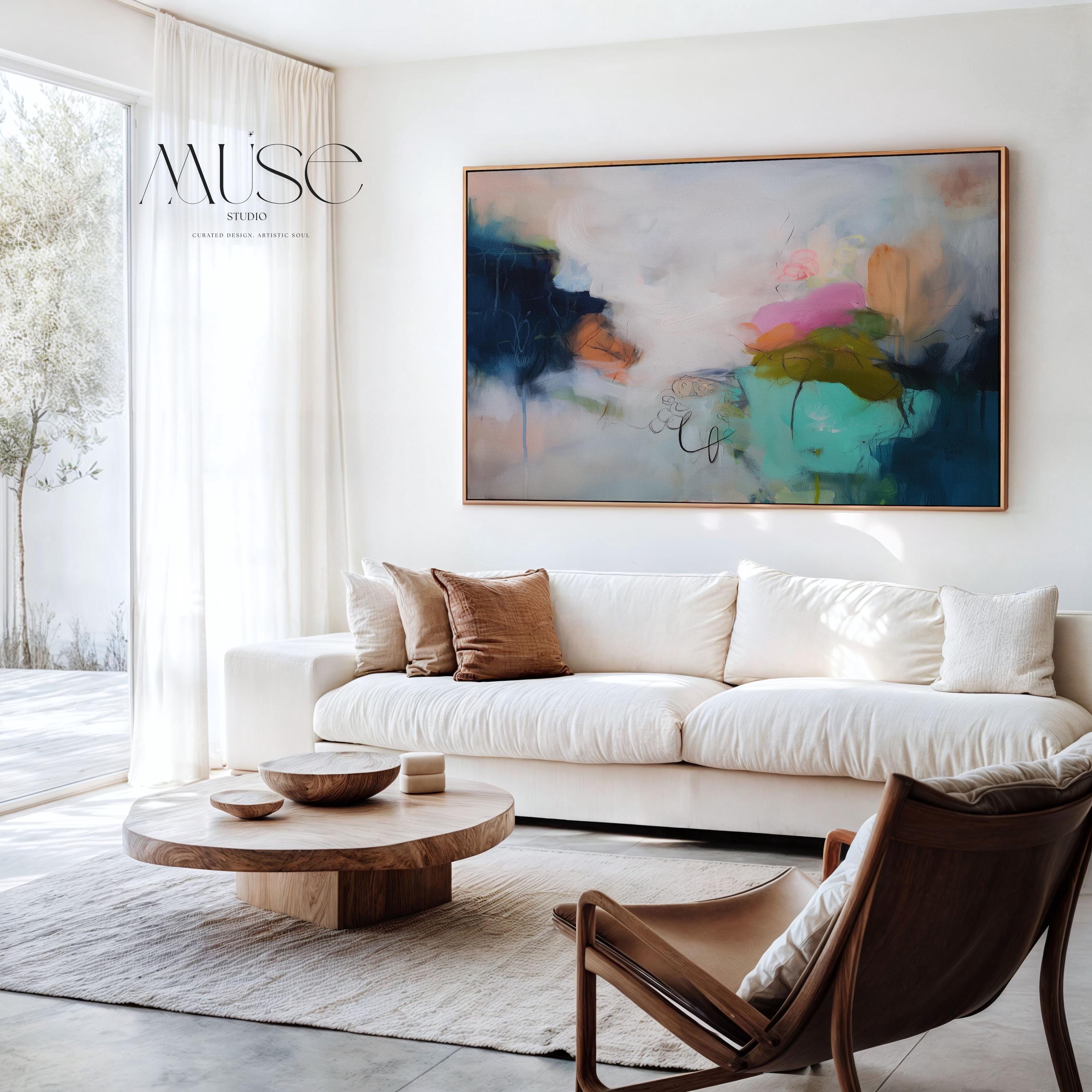 Horizontal abstract canvas wall art featuring rich navy, blush, and moss green brushstrokes with layered painterly movement. Designed for modern living rooms or office spaces, this large gallery-wrapped canvas brings depth, warmth, and designer sophistication to curated interiors.