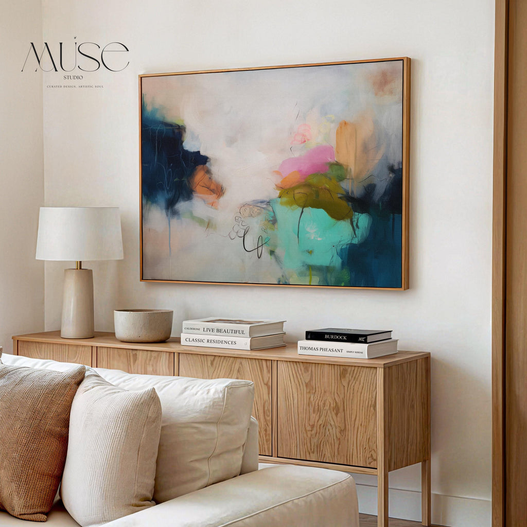 Horizontal abstract canvas wall art featuring rich navy, blush, and moss green brushstrokes with layered painterly movement. Designed for modern living rooms or office spaces, this large gallery-wrapped canvas brings depth, warmth, and designer sophistication to curated interiors.