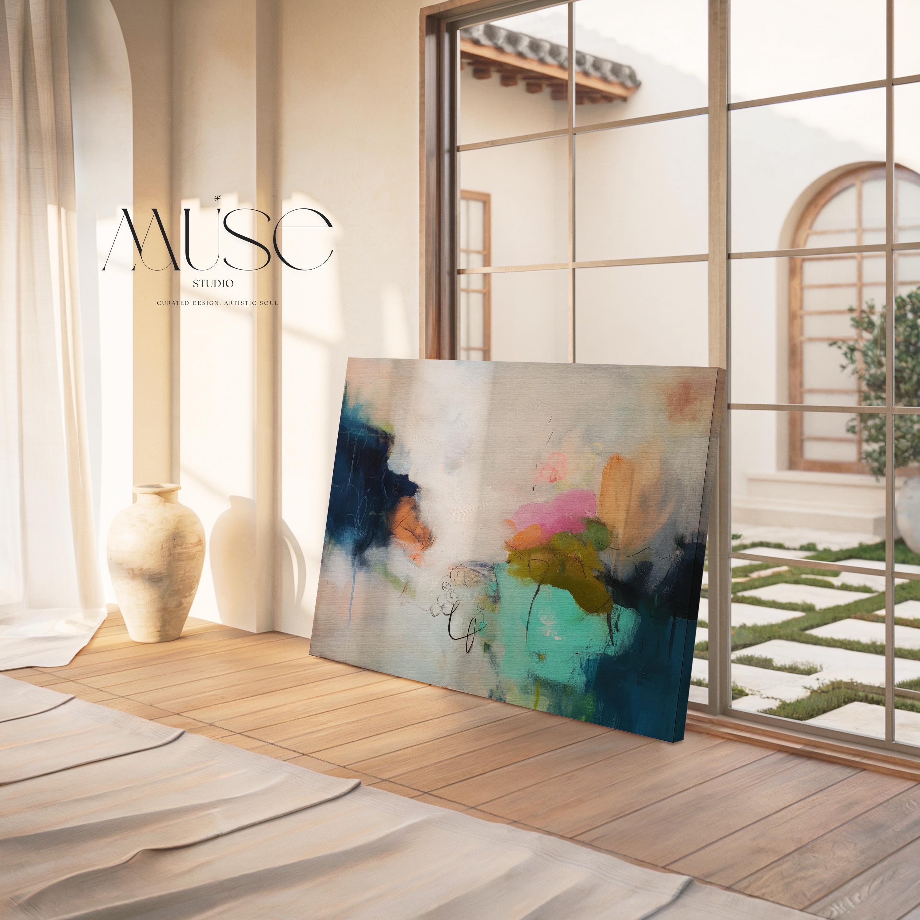 Horizontal abstract canvas wall art featuring rich navy, blush, and moss green brushstrokes with layered painterly movement. Designed for modern living rooms or office spaces, this large gallery-wrapped canvas brings depth, warmth, and designer sophistication to curated interiors.