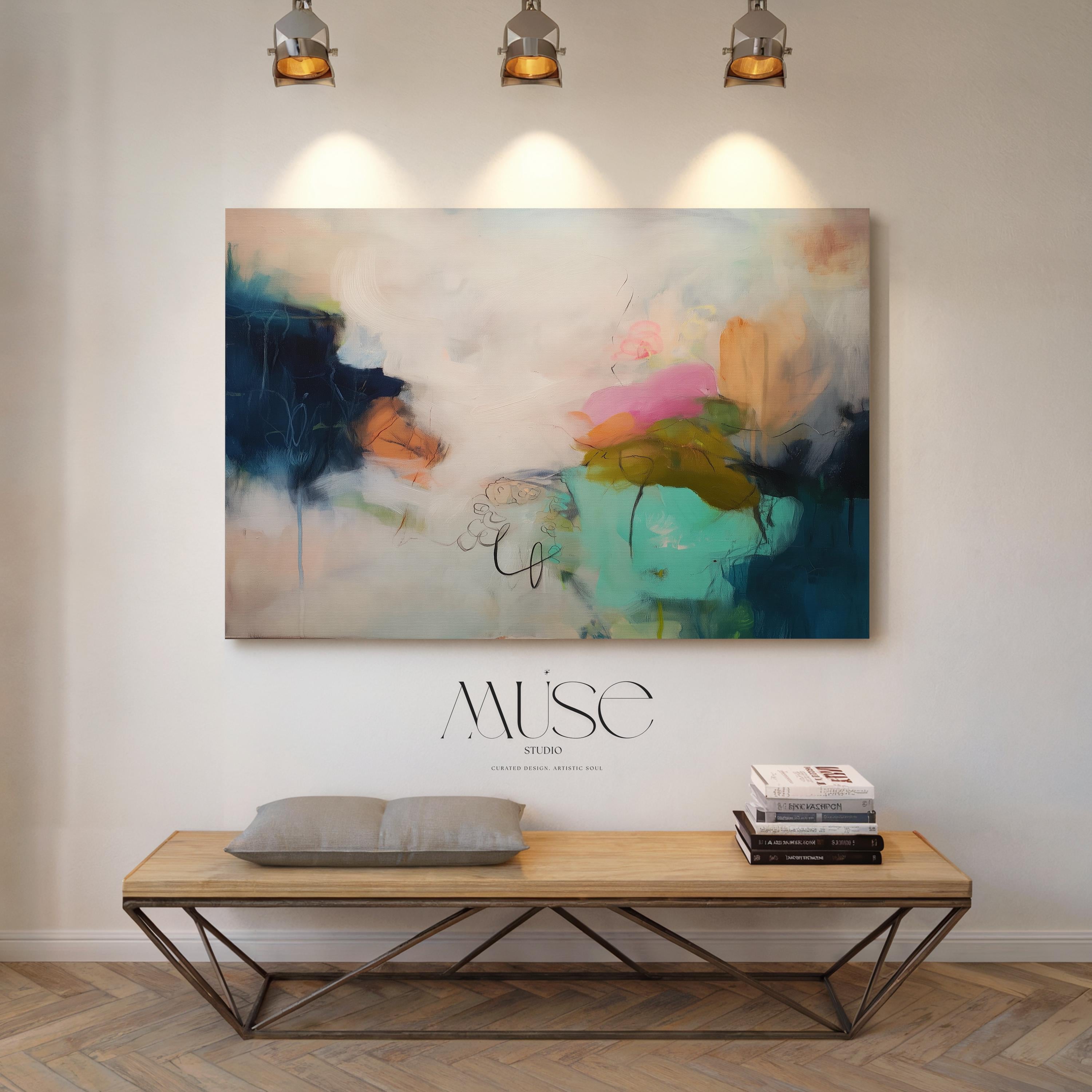 Horizontal abstract canvas wall art featuring rich navy, blush, and moss green brushstrokes with layered painterly movement. Designed for modern living rooms or office spaces, this large gallery-wrapped canvas brings depth, warmth, and designer sophistication to curated interiors.