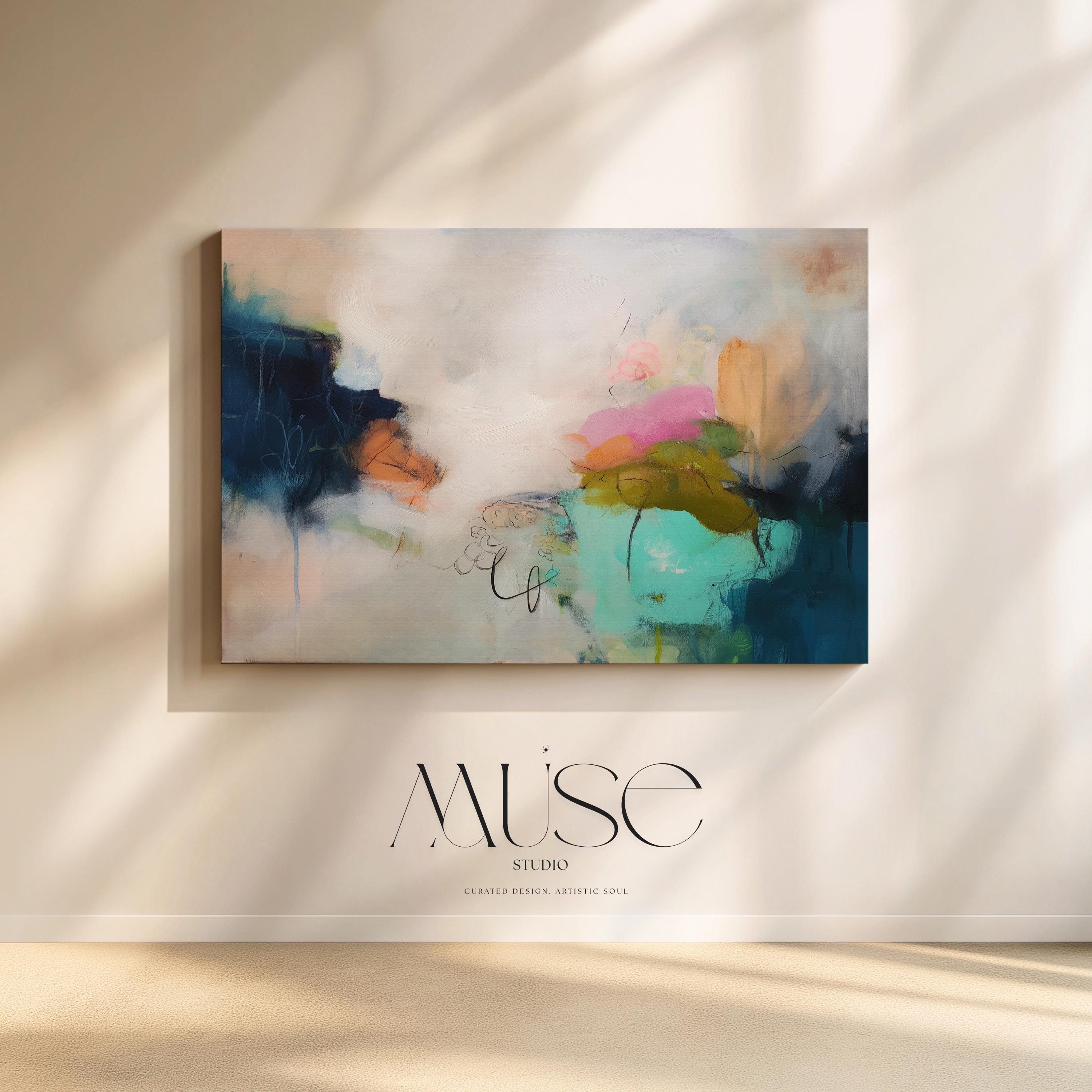 Horizontal abstract canvas wall art featuring rich navy, blush, and moss green brushstrokes with layered painterly movement. Designed for modern living rooms or office spaces, this large gallery-wrapped canvas brings depth, warmth, and designer sophistication to curated interiors.
