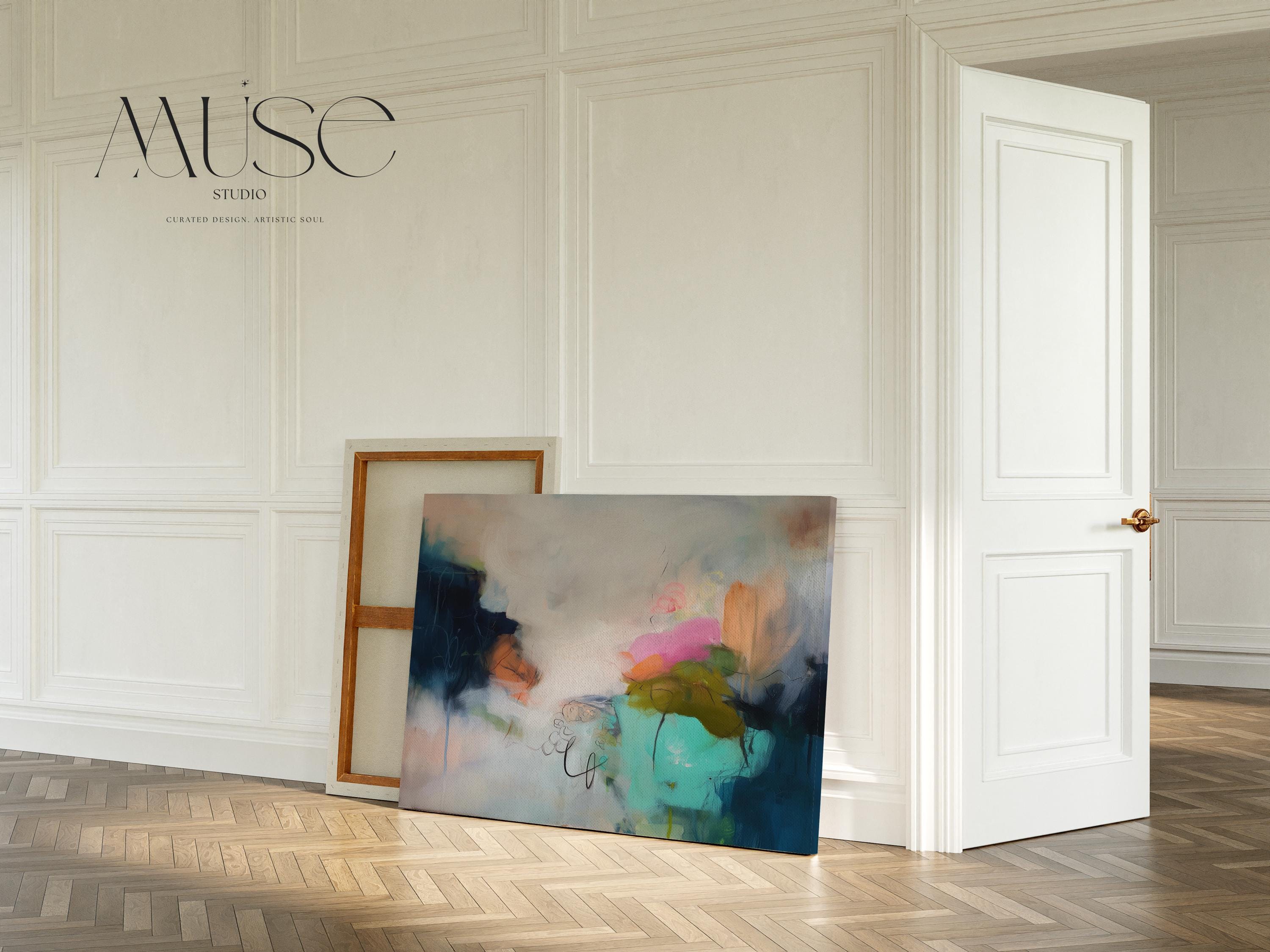 Horizontal abstract canvas wall art featuring rich navy, blush, and moss green brushstrokes with layered painterly movement. Designed for modern living rooms or office spaces, this large gallery-wrapped canvas brings depth, warmth, and designer sophistication to curated interiors.