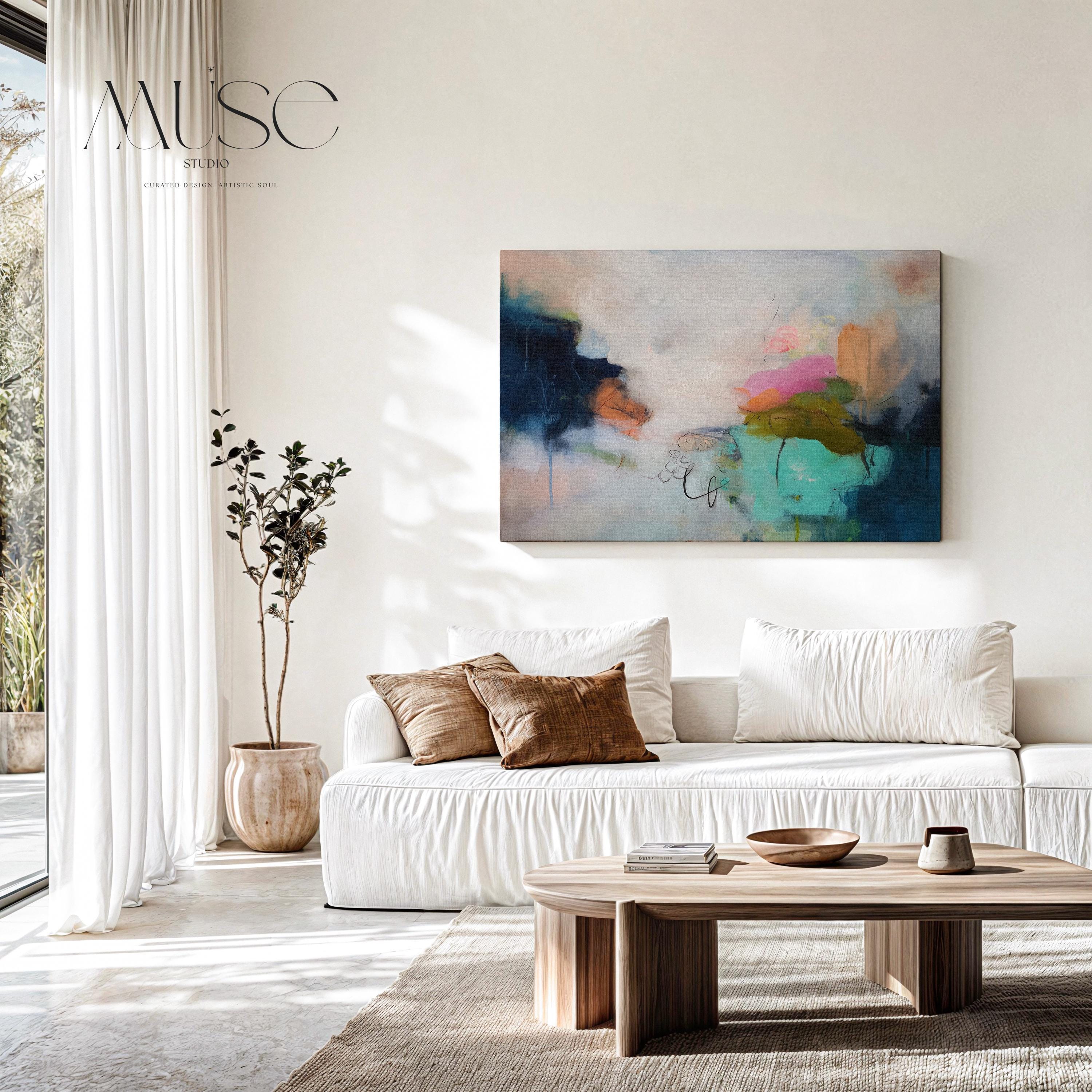 Horizontal abstract canvas wall art featuring rich navy, blush, and moss green brushstrokes with layered painterly movement. Designed for modern living rooms or office spaces, this large gallery-wrapped canvas brings depth, warmth, and designer sophistication to curated interiors.