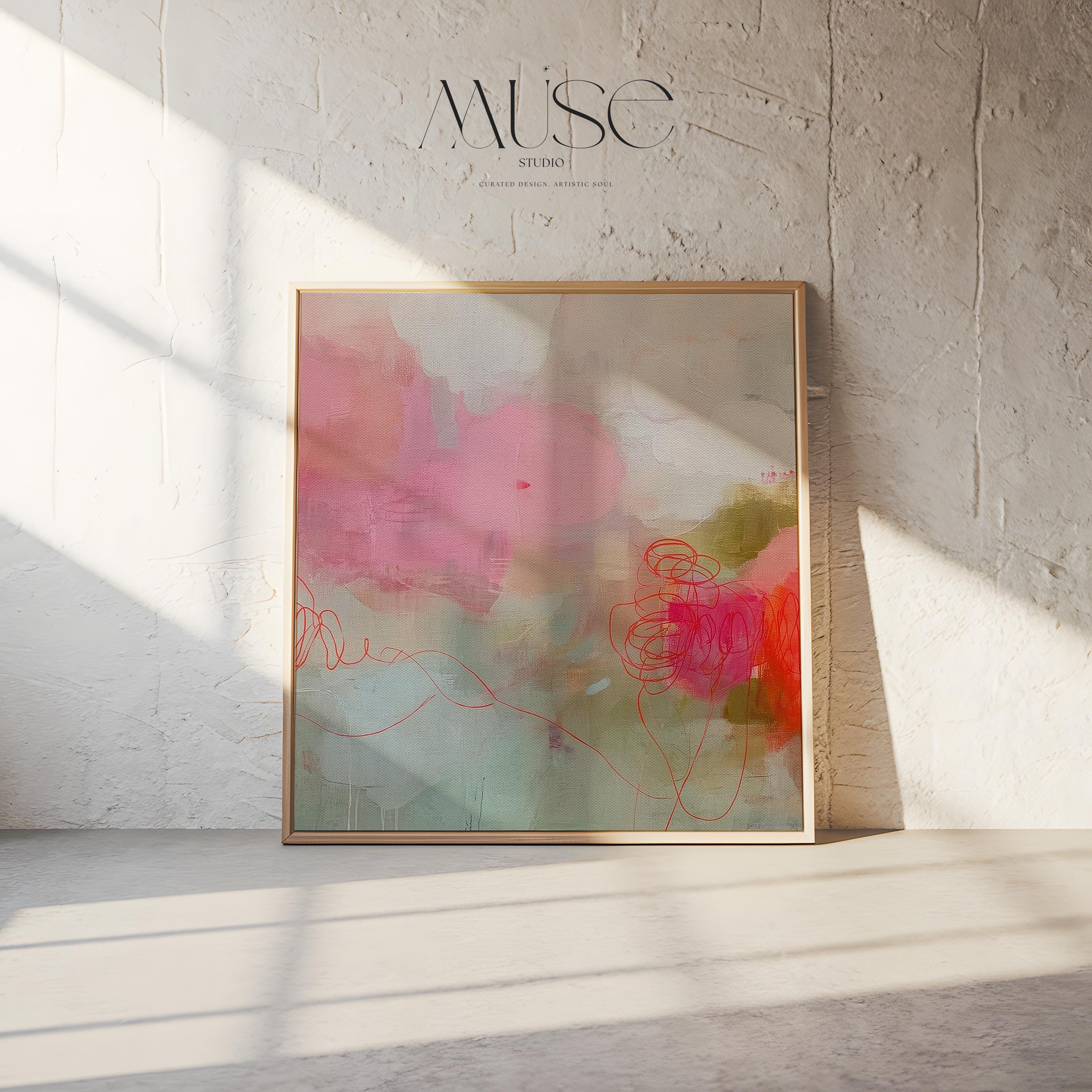 Large square blush and coral abstract wall art with soft layered movement and minimalist styling, designed for curated living rooms, bedrooms, or above-sofa placement. A modern abstract canvas that complements soft contemporary and warm minimalist interiors. Available as gallery-wrapped canvas, framed canvas, or fine art poster print by Muse Studio.