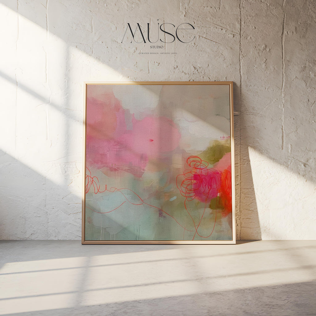 Large square blush and coral abstract wall art with soft layered movement and minimalist styling, designed for curated living rooms, bedrooms, or above-sofa placement. A modern abstract canvas that complements soft contemporary and warm minimalist interiors. Available as gallery-wrapped canvas, framed canvas, or fine art poster print by Muse Studio.