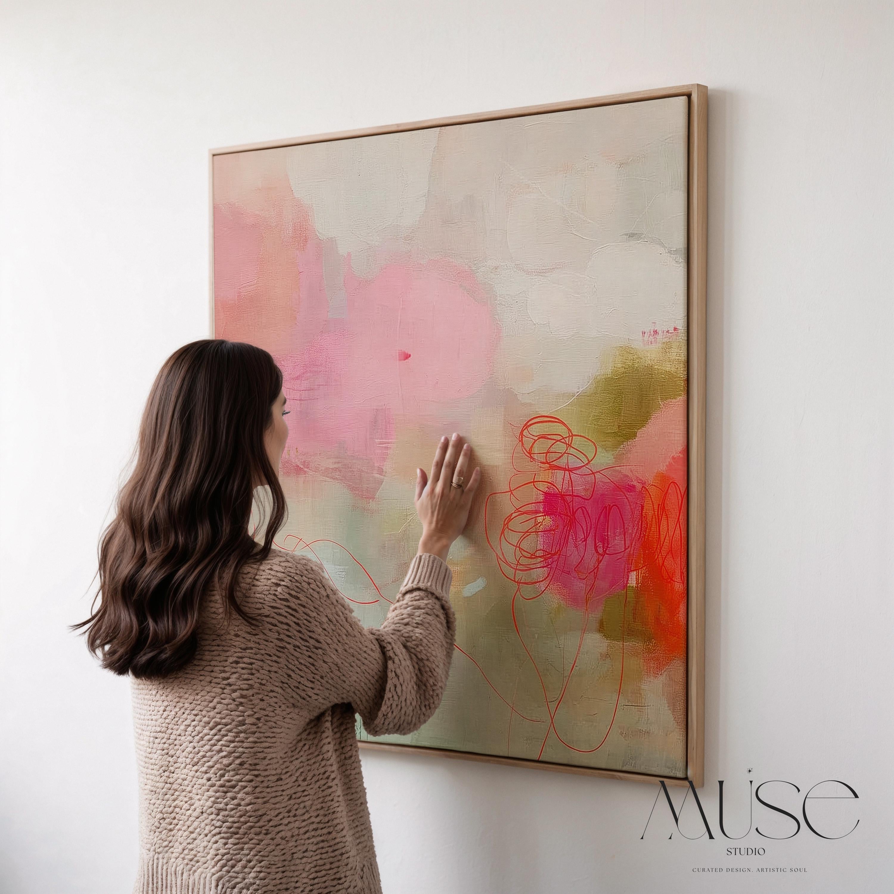Large square blush and coral abstract wall art with soft layered movement and minimalist styling, designed for curated living rooms, bedrooms, or above-sofa placement. A modern abstract canvas that complements soft contemporary and warm minimalist interiors. Available as gallery-wrapped canvas, framed canvas, or fine art poster print by Muse Studio.