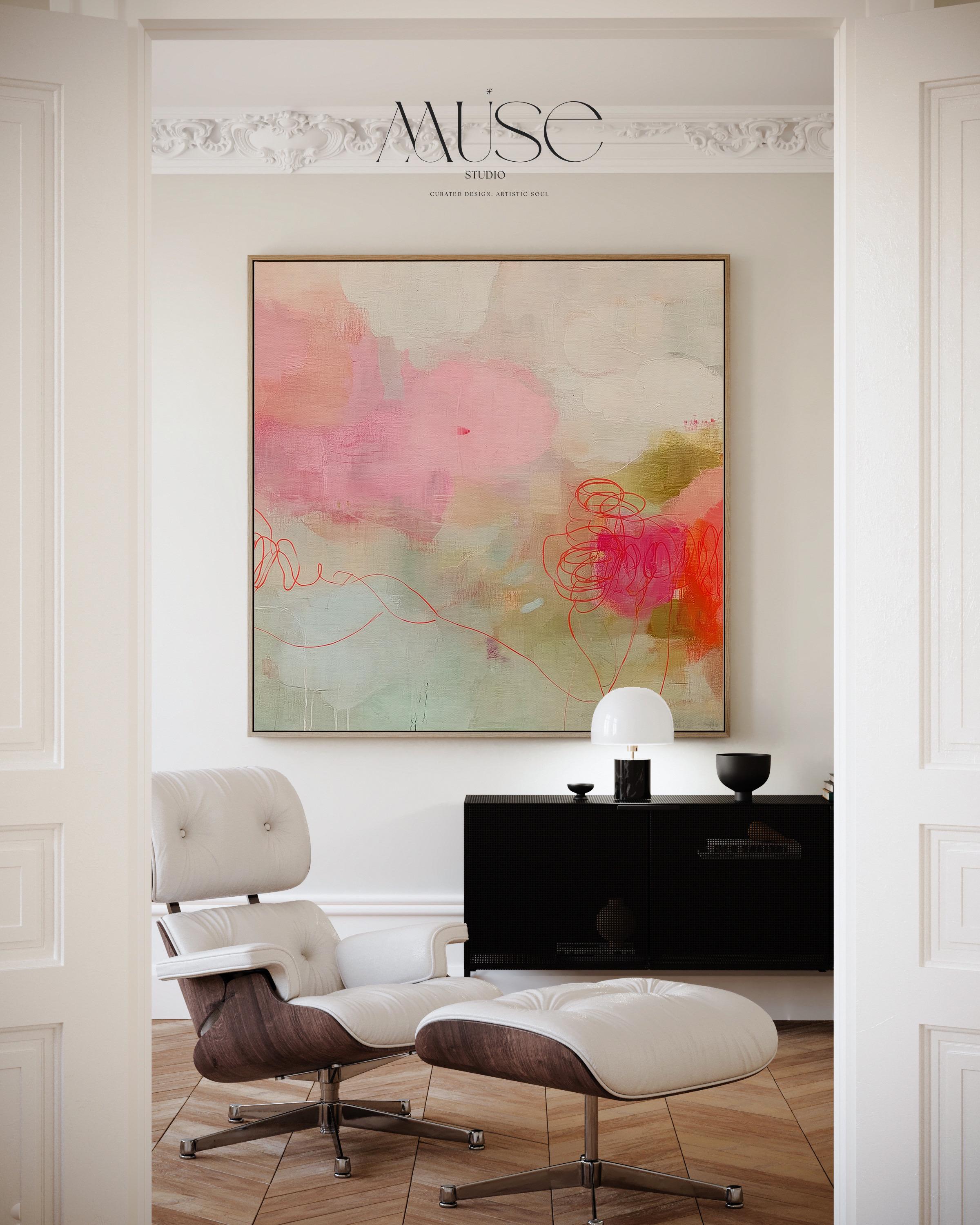 Large square blush and coral abstract wall art with soft layered movement and minimalist styling, designed for curated living rooms, bedrooms, or above-sofa placement. A modern abstract canvas that complements soft contemporary and warm minimalist interiors. Available as gallery-wrapped canvas, framed canvas, or fine art poster print by Muse Studio.