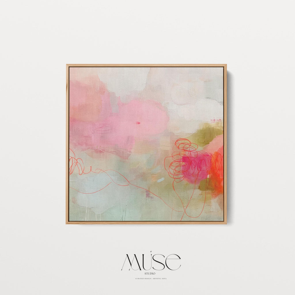 Square abstract canvas wall art featuring blush pink, coral, and sage tones with expressive painterly details. This modern piece adds warmth and refined softness to living rooms, bedrooms, or minimalist interiors. Gallery-wrapped on premium cotton canvas, ready to hang for elevated home decor.