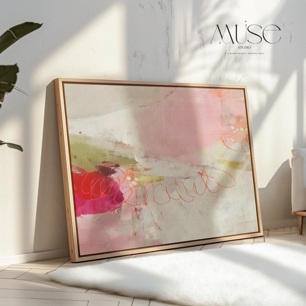 Horizontal abstract canvas wall art in blush pink, coral, and olive tones, layered with painterly textures and soft gradients. Perfect for modern living rooms or offices, this gallery-wrapped canvas adds warmth and designer refinement to minimalist and transitional spaces.