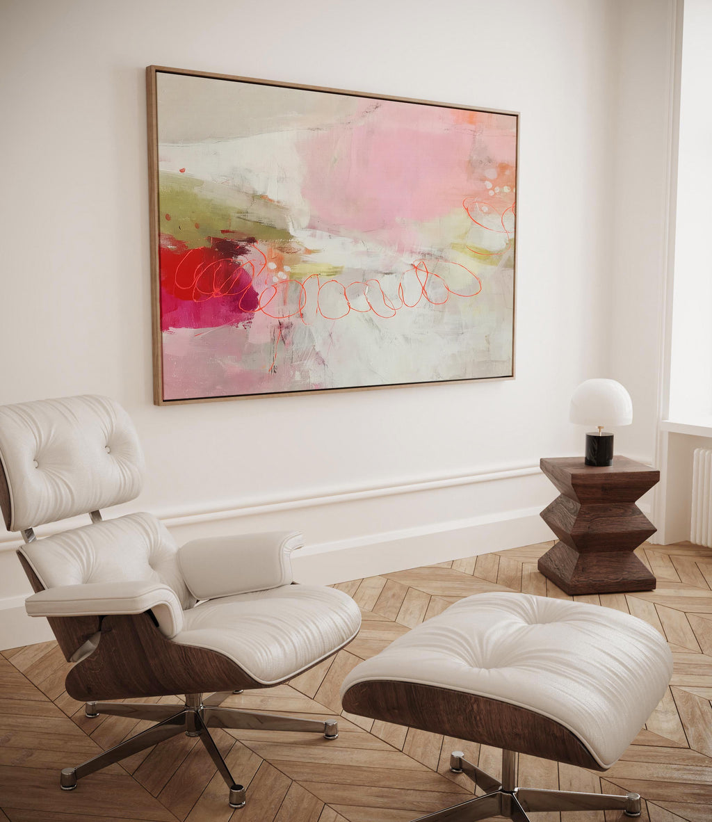 Horizontal abstract canvas wall art in blush pink, coral, and olive tones, layered with painterly textures and soft gradients. Perfect for modern living rooms or offices, this gallery-wrapped canvas adds warmth and designer refinement to minimalist and transitional spaces.