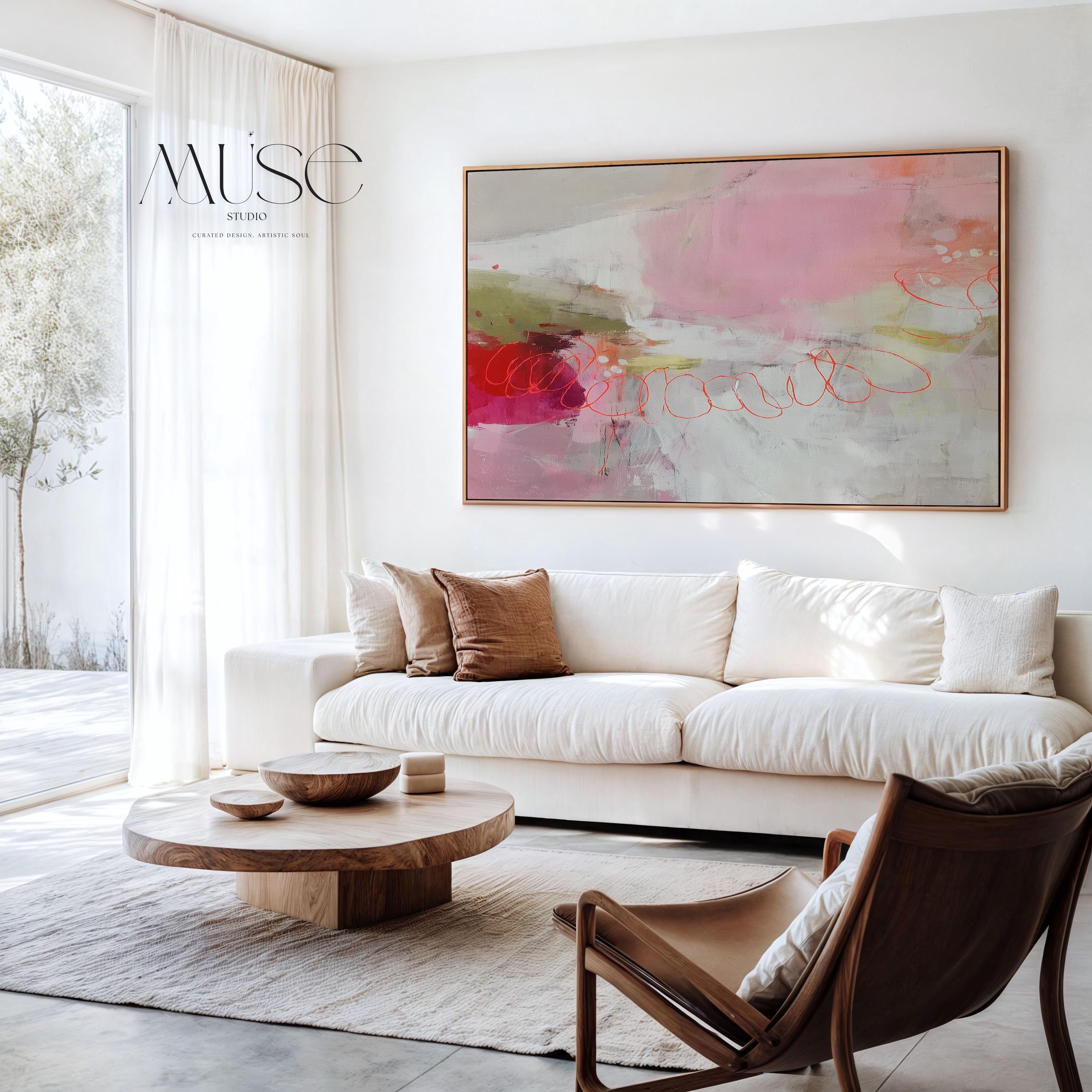 Alt text
Muse Studio abstract canvas wall art in blush, coral, and olive tones, printed with museum-grade giclée inks on premium cotton canvas, available as stretched or rolled canvas, styled in a modern living room, office, or transitional interior.