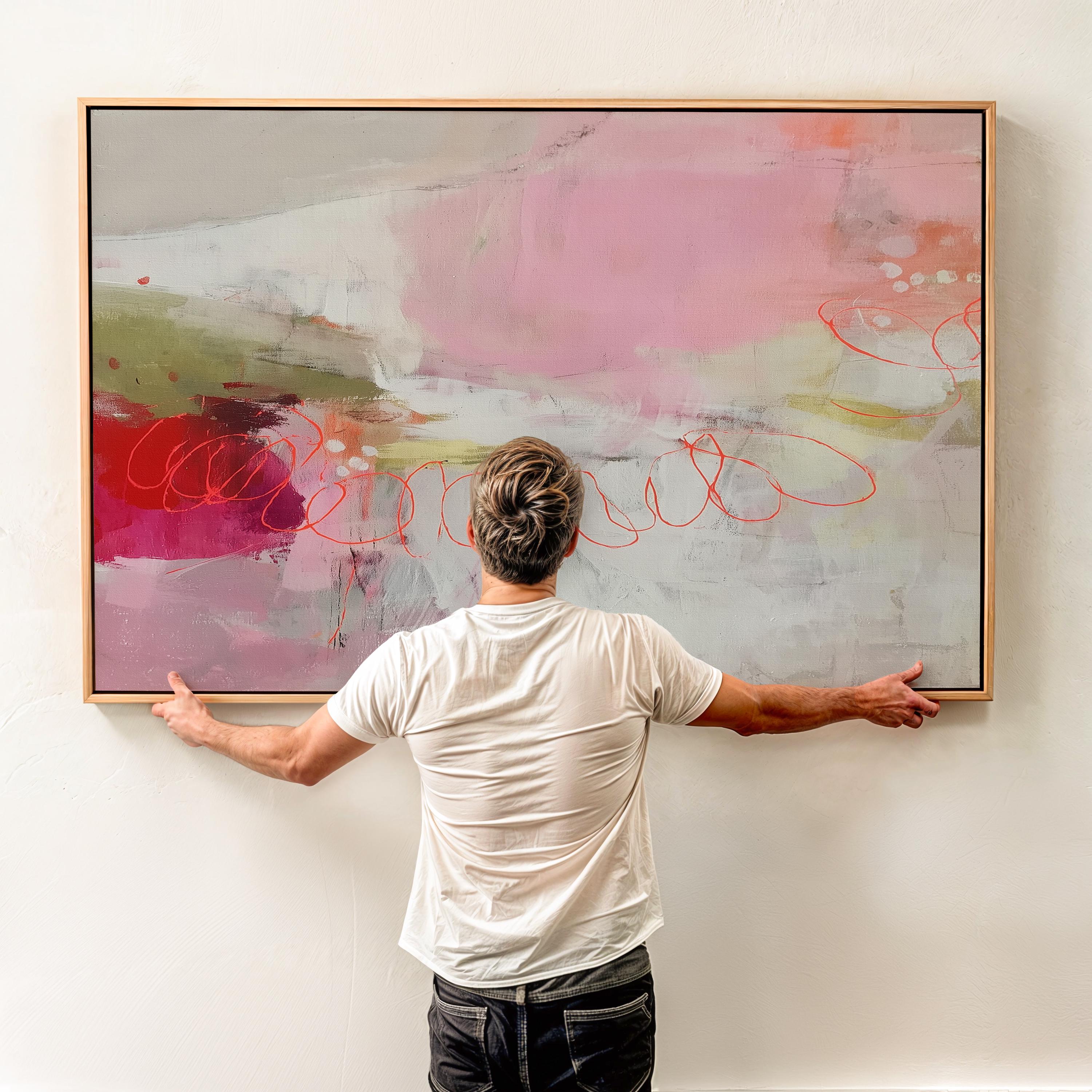 Horizontal abstract canvas wall art in blush pink, coral, and olive tones, layered with painterly textures and soft gradients. Perfect for modern living rooms or offices, this gallery-wrapped canvas adds warmth and designer refinement to minimalist and transitional spaces.