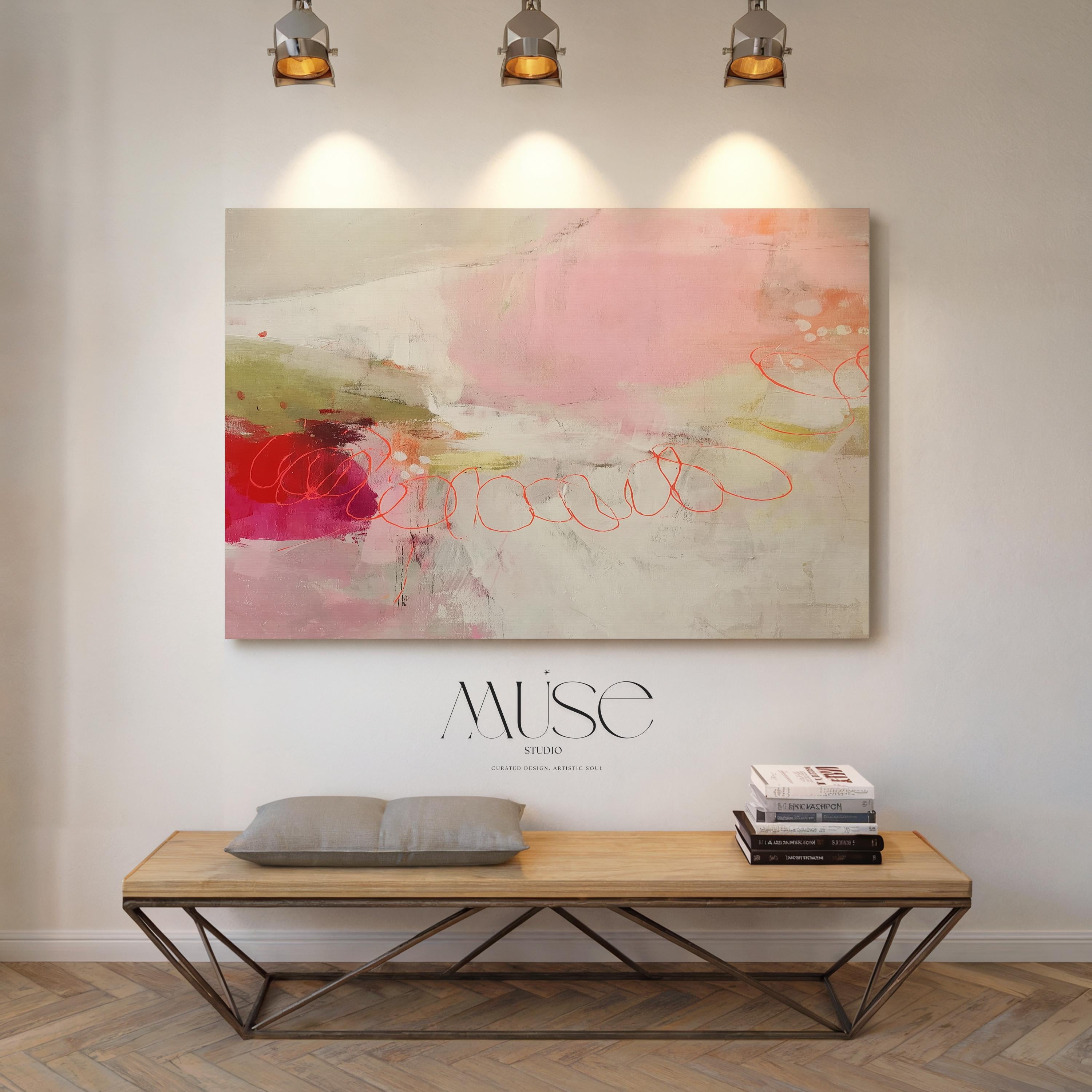 Large Horizontal Canvas Wall Art in Blush, Coral, and Olive • Abstract Painting for Living Room or Office Decor • Muse Studio 529