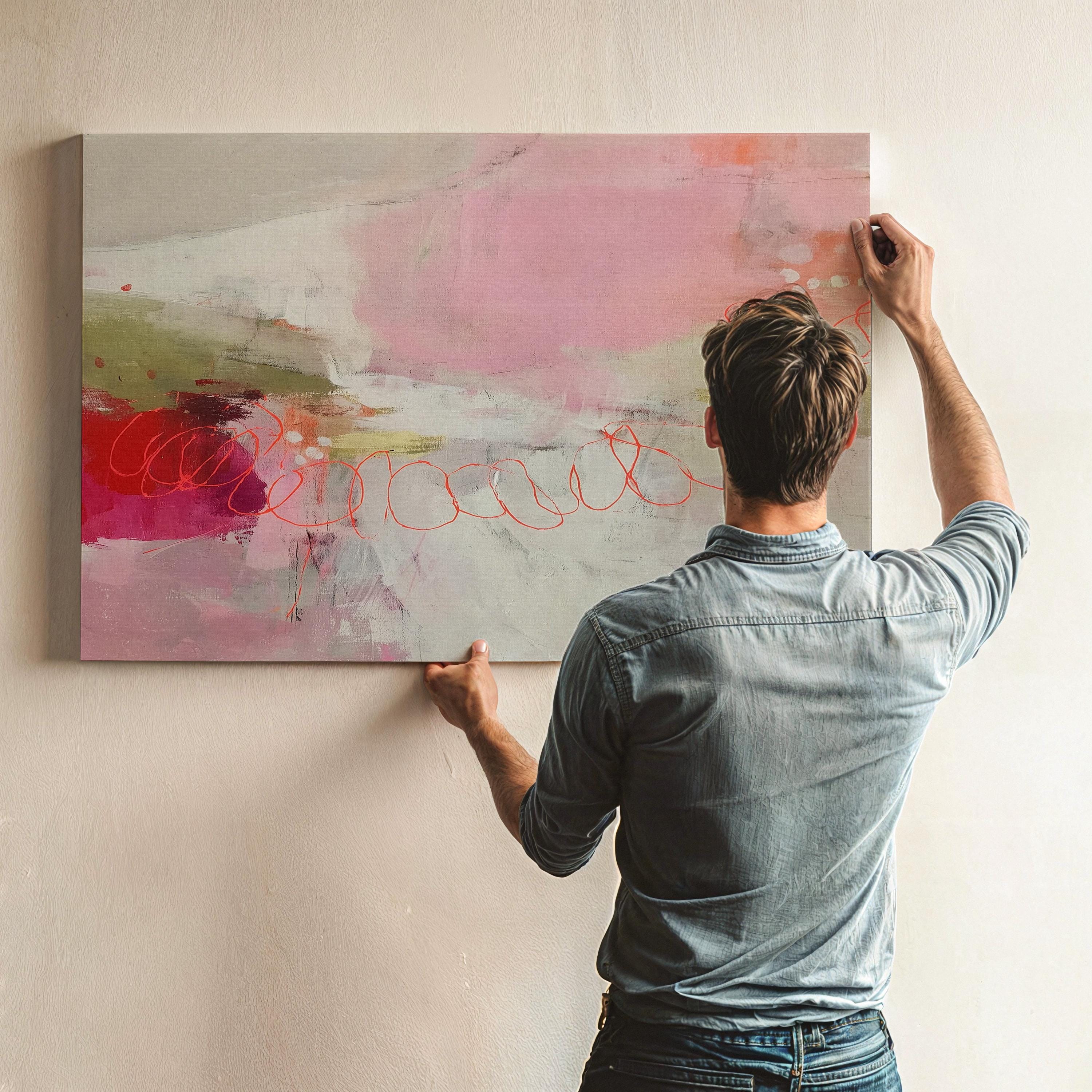 Large Horizontal Canvas Wall Art in Blush, Coral, and Olive • Abstract Painting for Living Room or Office Decor • Muse Studio 529