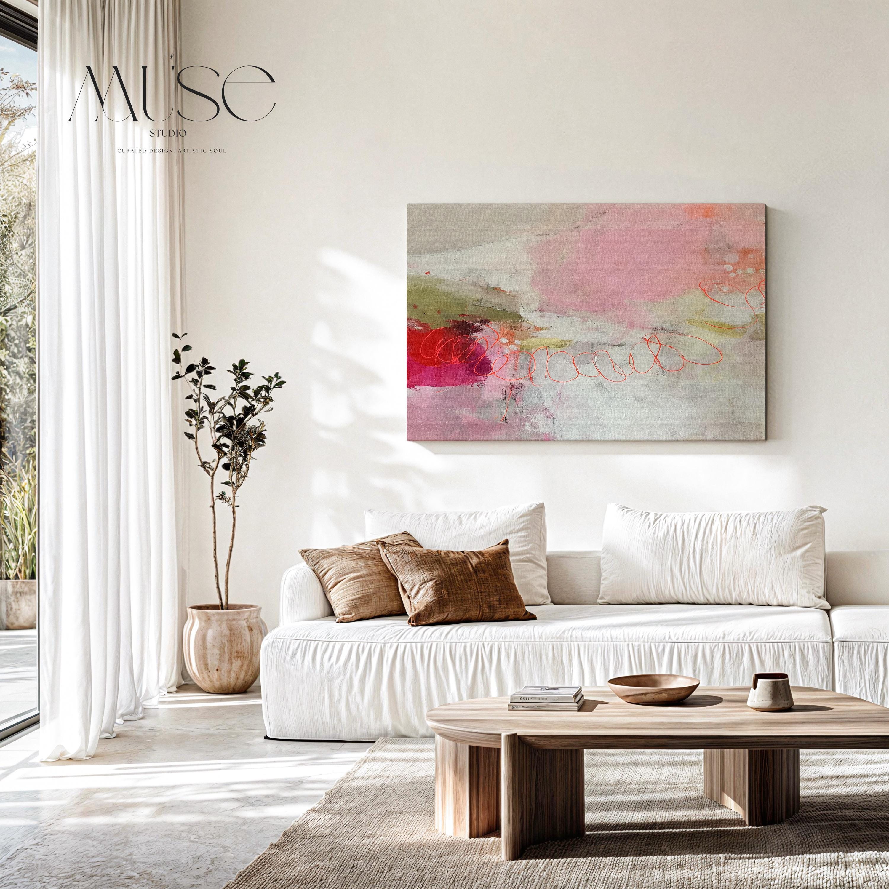 Large Horizontal Canvas Wall Art in Blush, Coral, and Olive • Abstract Painting for Living Room or Office Decor • Muse Studio 529