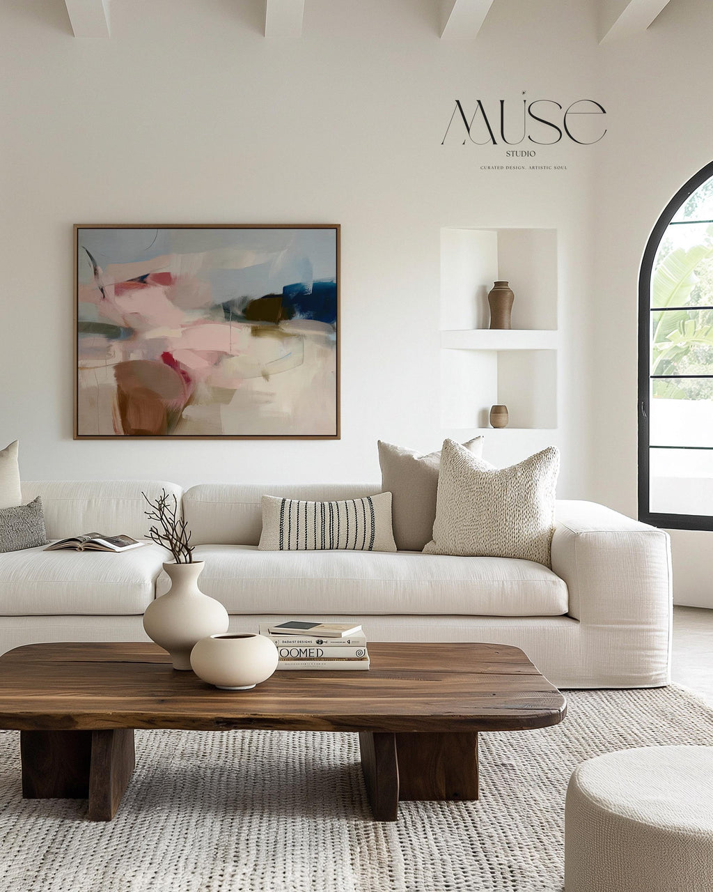 Horizontal abstract canvas wall art in soft blush, navy, and taupe tones with gentle painterly movement. The textured brushwork evokes warmth and calm, ideal for modern living rooms or bedrooms. Printed on premium cotton canvas, this gallery-wrapped piece arrives ready to hang for a clean, contemporary finish.