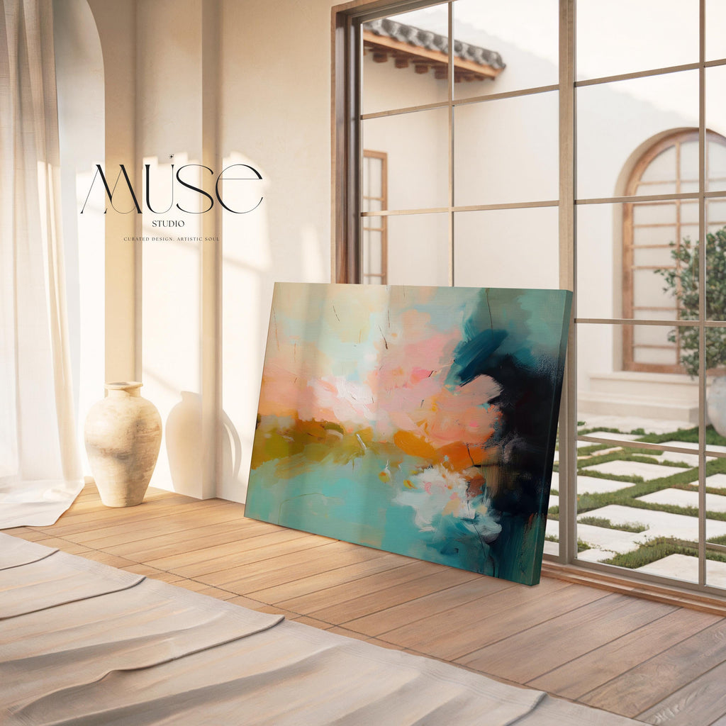 Abstract canvas wall art featuring sweeping teal, coral, and peach brushstrokes inspired by ocean light and coastal horizons. The horizontal composition radiates warmth and movement, ideal for living rooms or offices. Gallery-wrapped cotton canvas design offers a sleek, ready-to-hang presentation.