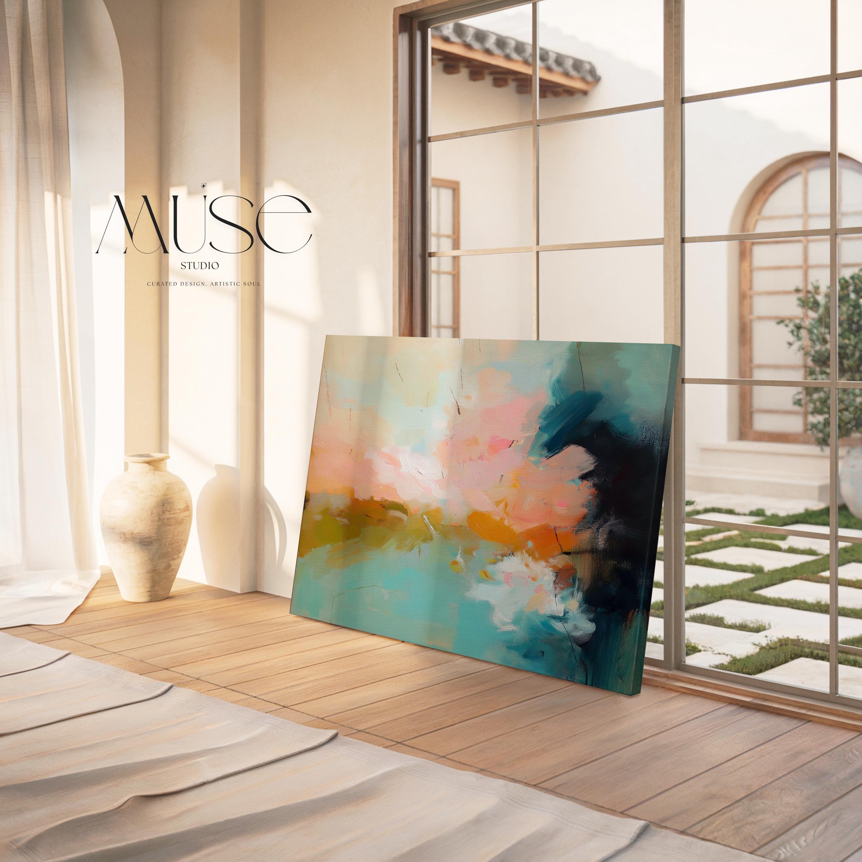 Abstract canvas wall art featuring sweeping teal, coral, and peach brushstrokes inspired by ocean light and coastal horizons. The horizontal composition radiates warmth and movement, ideal for living rooms or offices. Gallery-wrapped cotton canvas design offers a sleek, ready-to-hang presentation.