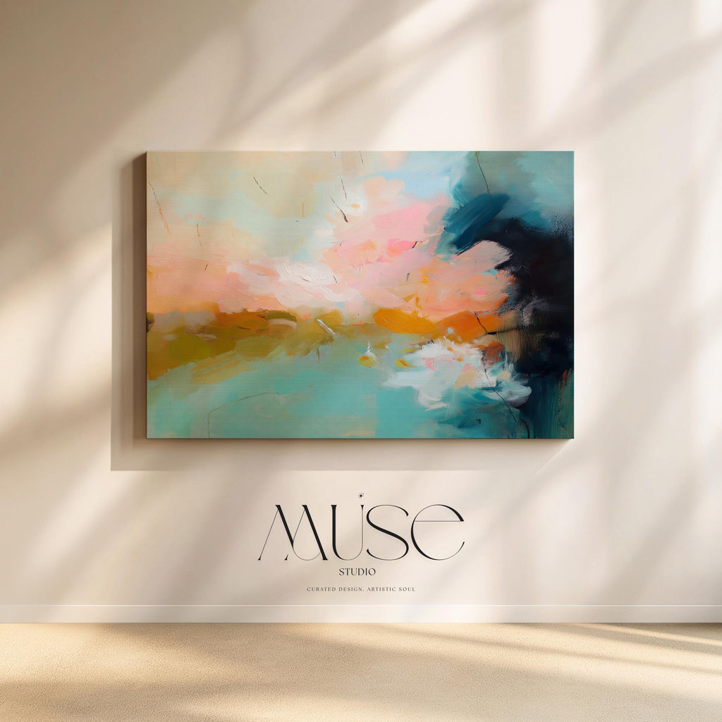 Abstract canvas wall art featuring sweeping teal, coral, and peach brushstrokes inspired by ocean light and coastal horizons. The horizontal composition radiates warmth and movement, ideal for living rooms or offices. Gallery-wrapped cotton canvas design offers a sleek, ready-to-hang presentation.