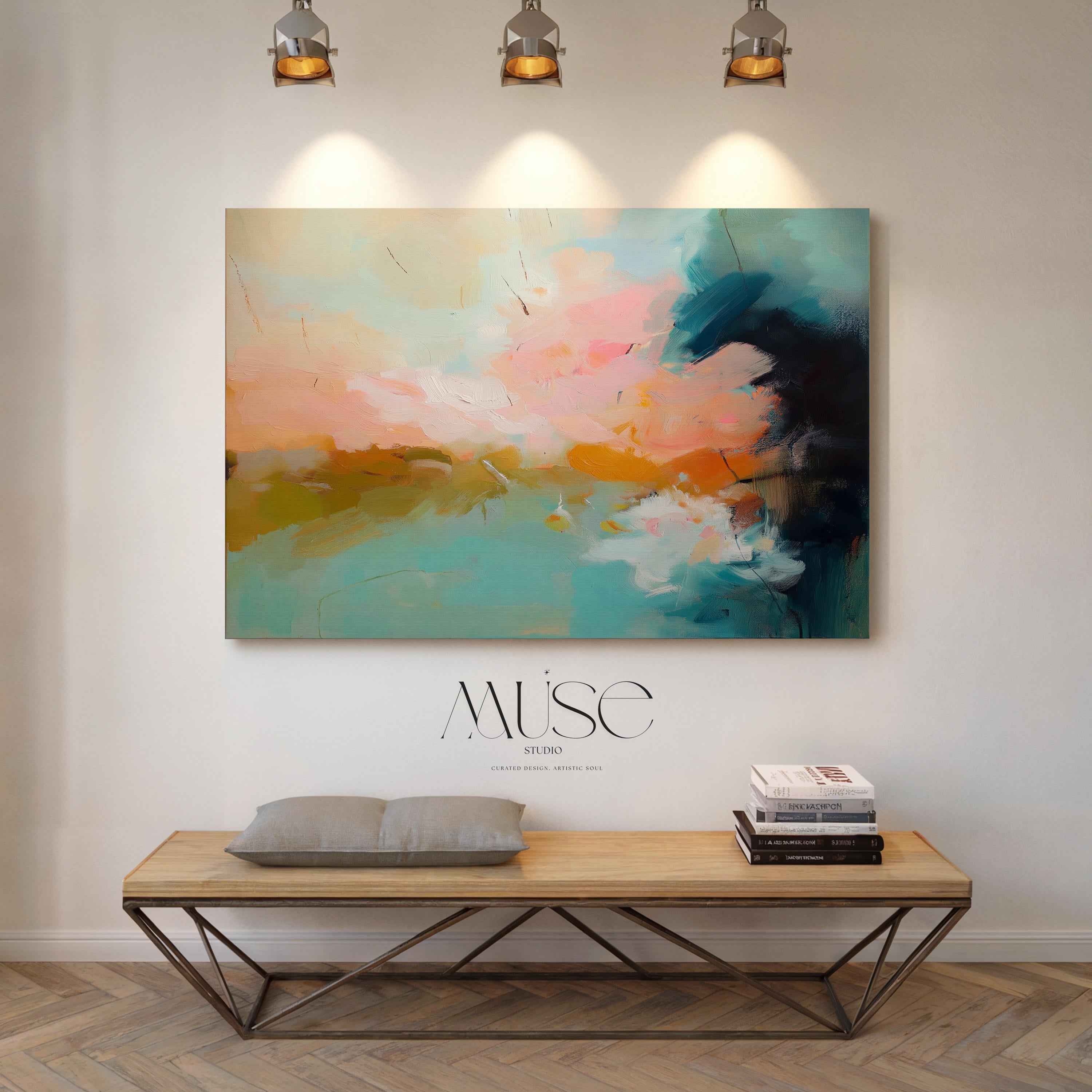Abstract canvas wall art featuring sweeping teal, coral, and peach brushstrokes inspired by ocean light and coastal horizons. The horizontal composition radiates warmth and movement, ideal for living rooms or offices. Gallery-wrapped cotton canvas design offers a sleek, ready-to-hang presentation.