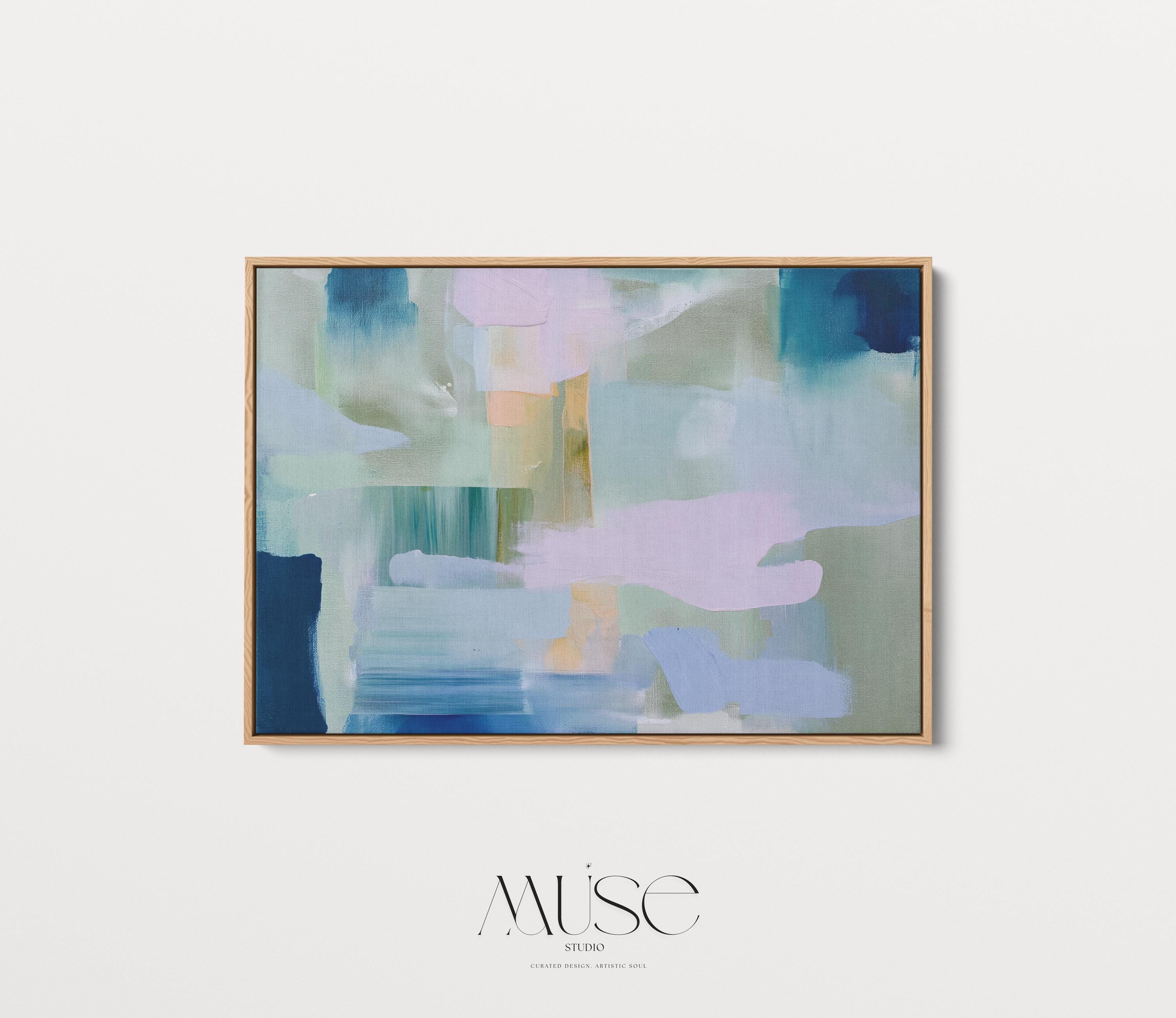 Large horizontal abstract canvas wall art featuring sage, teal, and blush brushstrokes with layered horizon effects. Designed in a soft contemporary and transitional style, this framed or gallery-wrapped artwork is ideal for living rooms, offices, or dining spaces.
