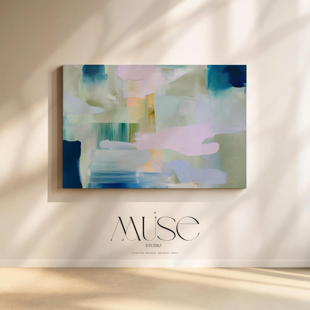 Horizontal abstract canvas wall art featuring sage, teal, and blush brushstrokes in a layered horizon style. The oversized painting reflects transitional and soft contemporary design, ideal for living rooms, offices, or dining rooms. Offered as a gallery-wrapped canvas for modern, designer-forward decor.