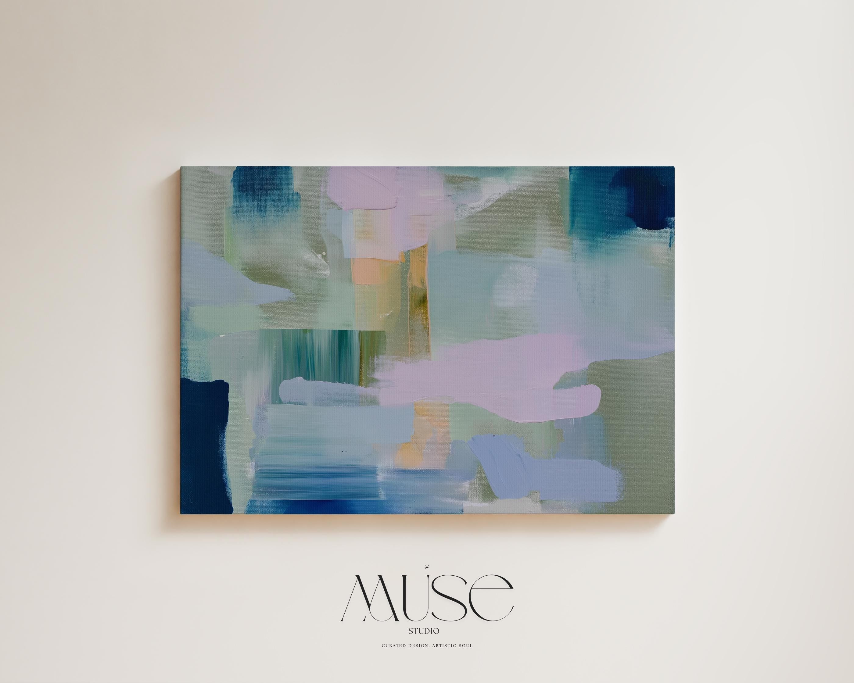 Horizontal abstract canvas wall art featuring sage, teal, and blush brushstrokes in a layered horizon style. The oversized painting reflects transitional and soft contemporary design, ideal for living rooms, offices, or dining rooms. Offered as a gallery-wrapped canvas for modern, designer-forward decor.