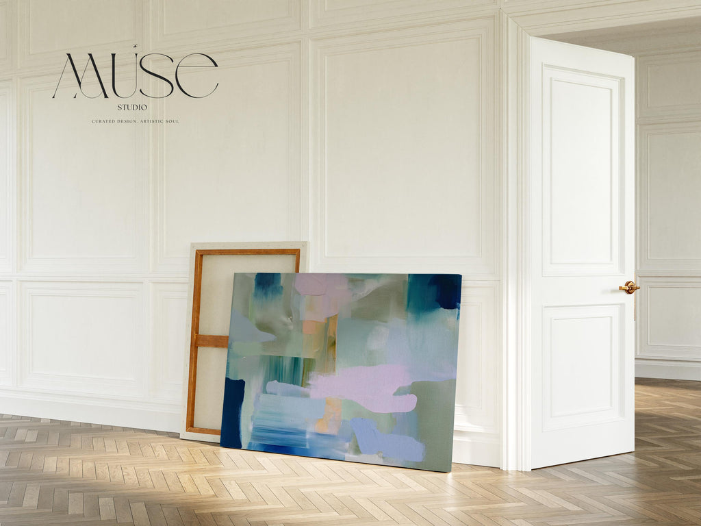 Horizontal abstract canvas wall art featuring sage, teal, and blush brushstrokes in a layered horizon style. The oversized painting reflects transitional and soft contemporary design, ideal for living rooms, offices, or dining rooms. Offered as a gallery-wrapped canvas for modern, designer-forward decor.