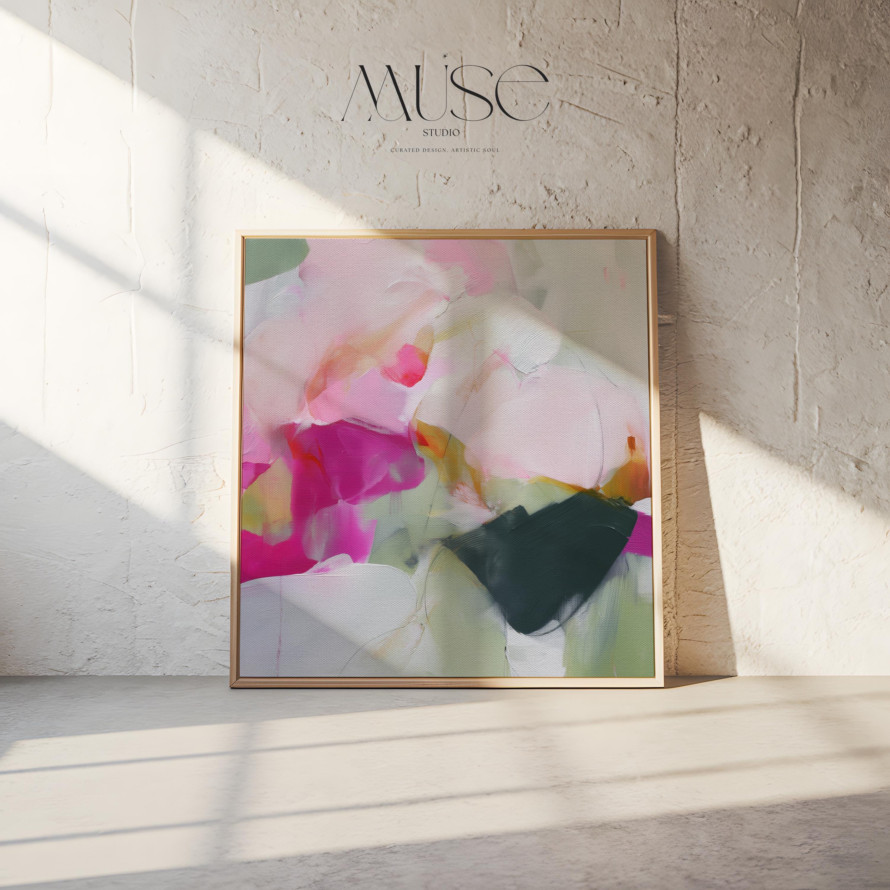 Square framed abstract canvas wall art in pink, blush, and green tones with pastel layers and bold color pop accents. Designed with a lively, artistic energy that complements boho, soft contemporary, and color-forward interiors. Ideal for dining rooms, living rooms, or entryway statement decor. Available as a gallery-wrapped canvas, framed canvas, or fine art poster print for curated boutique wall art styling.