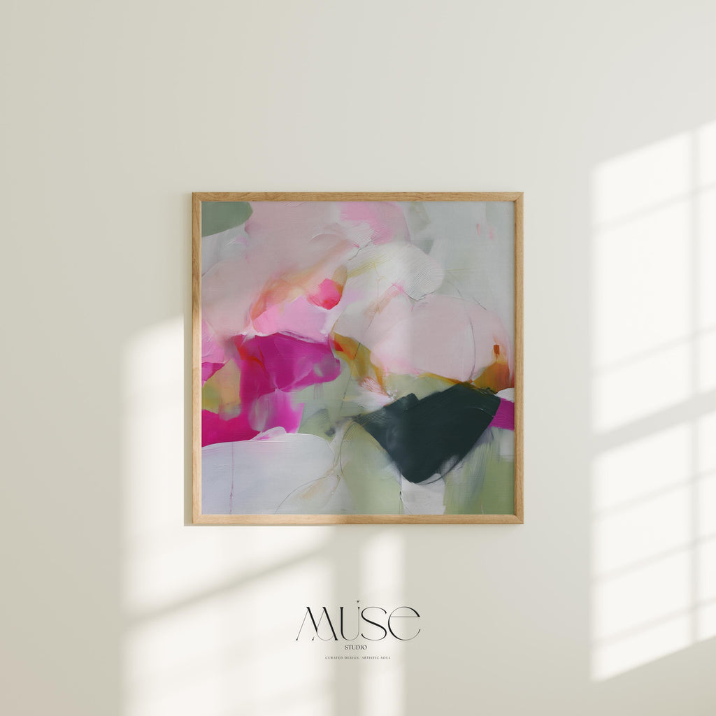Square abstract wall art titled Petal Field, featuring soft pink and muted green tones arranged in an organic, contemporary composition. A modern minimalist canvas print designed for bedrooms and living rooms, offering calm color and balanced visual interest.
