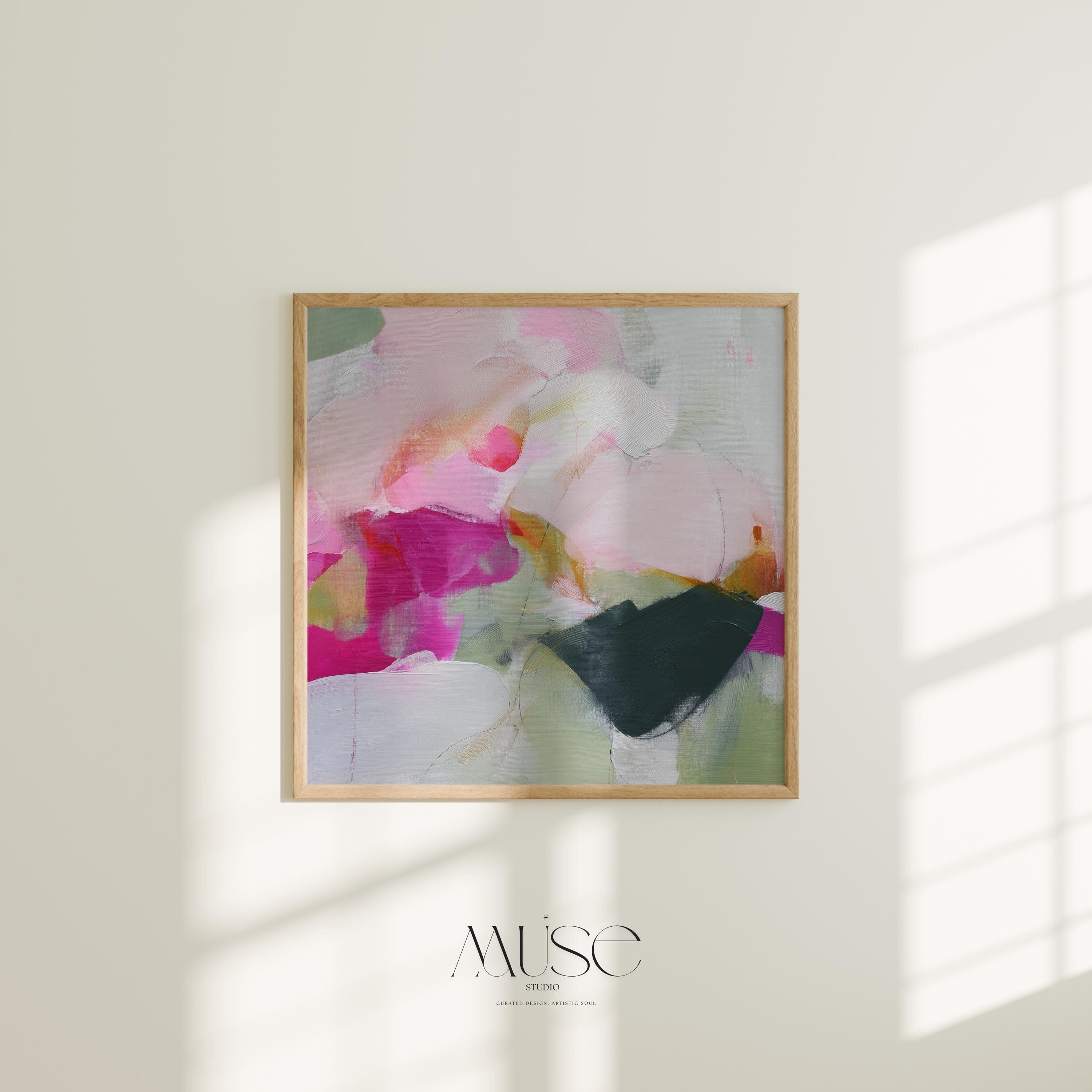 Square abstract wall art titled Petal Field, featuring soft pink and muted green tones arranged in an organic, contemporary composition. A modern minimalist canvas print designed for bedrooms and living rooms, offering calm color and balanced visual interest.