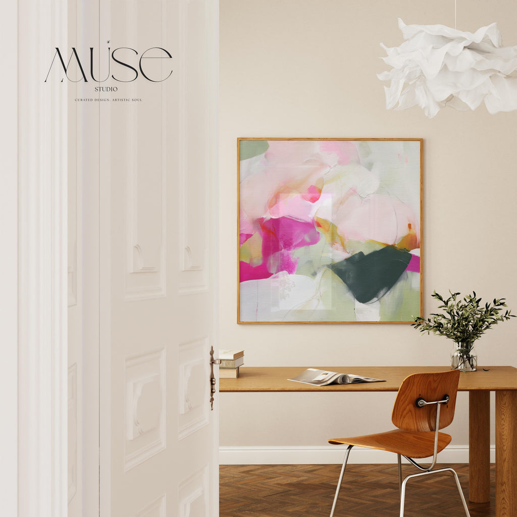 Square abstract art print with soft layers of pink, blush, and green in a pastel palette, designed in a soft contemporary style. Perfect for modern dining rooms, living rooms, or entryway walls, it offers a clean and airy aesthetic. Printed as a fine art poster with archival inks on premium paper, this artwork blends boutique elegance with versatile home styling.
