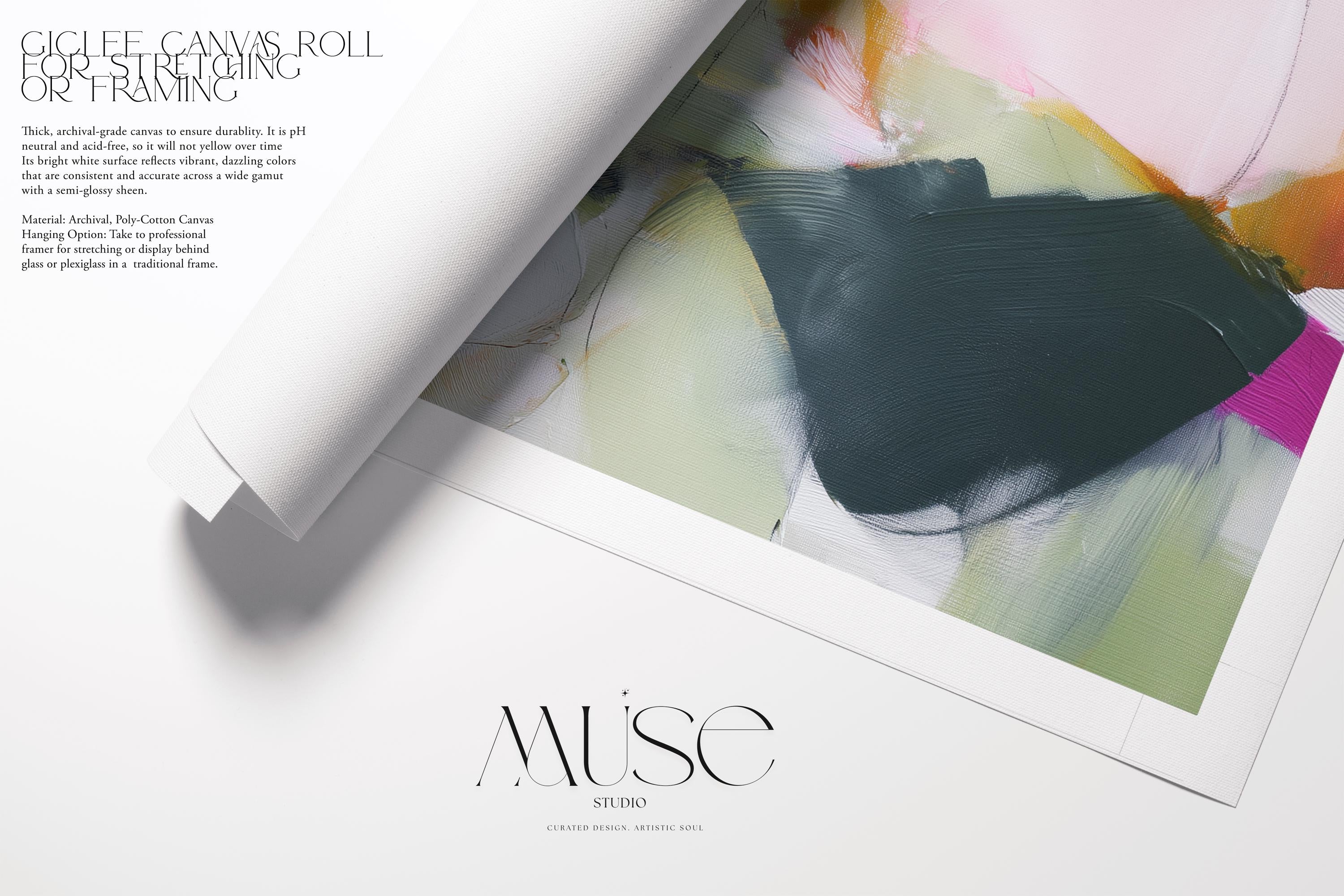 Square abstract art print with soft layers of pink, blush, and green in a pastel palette, designed in a soft contemporary style. Perfect for modern dining rooms, living rooms, or entryway walls, it offers a clean and airy aesthetic. Printed as a fine art poster with archival inks on premium paper, this artwork blends boutique elegance with versatile home styling.
