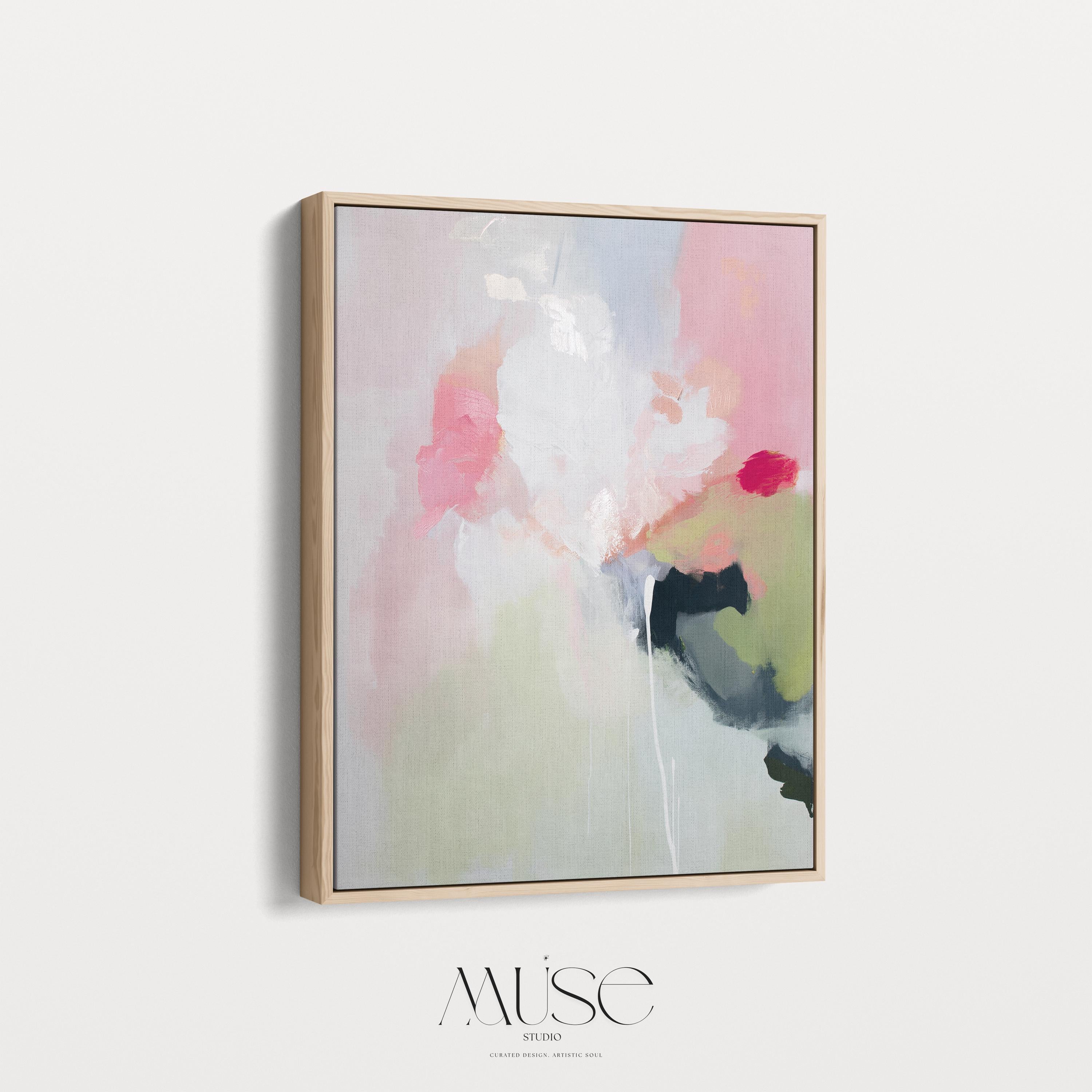 Vertical abstract canvas wall art featuring blush pink, soft green, and muted pastel tones in a warm minimalist style. This artwork offers a serene and calming presence, ideal for bedrooms, living rooms, or entryways. Designed for layered, neutral interiors, it blends easily with contemporary and designer home decor. Available as a gallery-wrapped canvas, framed canvas, or fine art poster print for curated boutique styling.